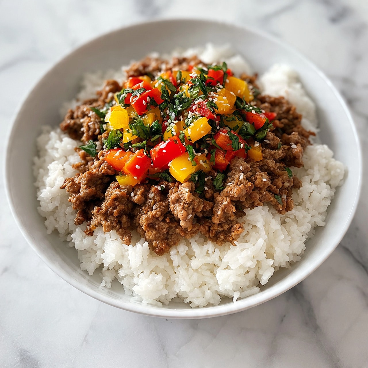 square image The image shows a bowl with three clear layers. The bottom layer is white fluffy rice, filling most of the bowl. On top of the rice, there is a thick layer of cooked ground meat with a brown color and slightly crumbly texture. The top layer has small pieces of red and yellow bell peppers mixed with chopped green herbs, adding bright colors and freshness. White sesame seeds are sprinkled across the top, giving extra detail. The bowl is white and sits on a white marbled surface. photo taken with an iphone --ar 4:5 --v 7