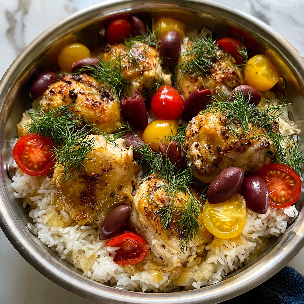 square image In a deep stainless steel pan, there is one layer of soft white rice at the bottom, mixed with small bits of cooked onion peeking through. On top are several pieces of golden brown cooked chicken with a slightly crispy texture and some dark spices on the skin. Bright red and yellow cherry tomato halves are scattered around, some lying on the rice and others near the chicken. Purple Kalamata olive halves are spread evenly among the tomatoes and chicken. Fresh green dill sprigs cover the top, adding a light, feathery texture and a pop of color. The pan is placed on a white marbled surface with a small part of dark blue cloth visible at the bottom photo taken with an iphone --ar 4:5 --v 7