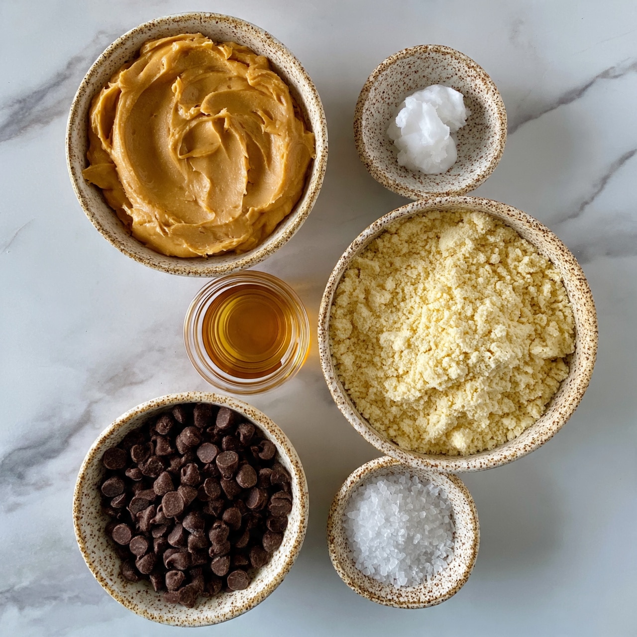 square image The image shows six bowls placed on a white marbled surface, each with a different ingredient. Starting from the top left is a large bowl filled with smooth, creamy peanut butter in a light brown color. To its right is a small speckled bowl with a dollop of white coconut oil. Below the peanut butter is a clear glass container holding golden amber syrup. To the right of the syrup is a large bowl filled with pale yellow almond flour, with a fine, powdery texture. At the bottom left is a speckled bowl full of dark brown chocolate chips. Finally, at the bottom right is the smallest speckled bowl containing coarse white sea salt crystals. The bowls are arranged in a loose hexagon shape on the white marbled texture. photo taken with an iphone --ar 4:5 --v 7