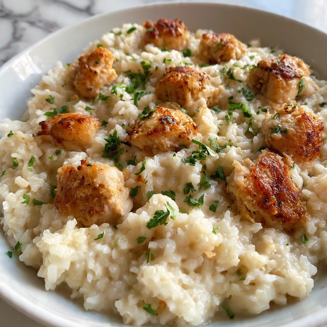 square image The image shows a close-up of a white dish filled with creamy rice mixed with small browned chicken pieces on top. The chicken pieces are golden brown with a slight crust and are scattered evenly across the rice layer, which appears soft and moist with a pale cream color. Small green parsley leaves are sprinkled on top, adding fresh color contrast. The background is a white marbled surface. photo taken with an iphone --ar 4:5 --v 7