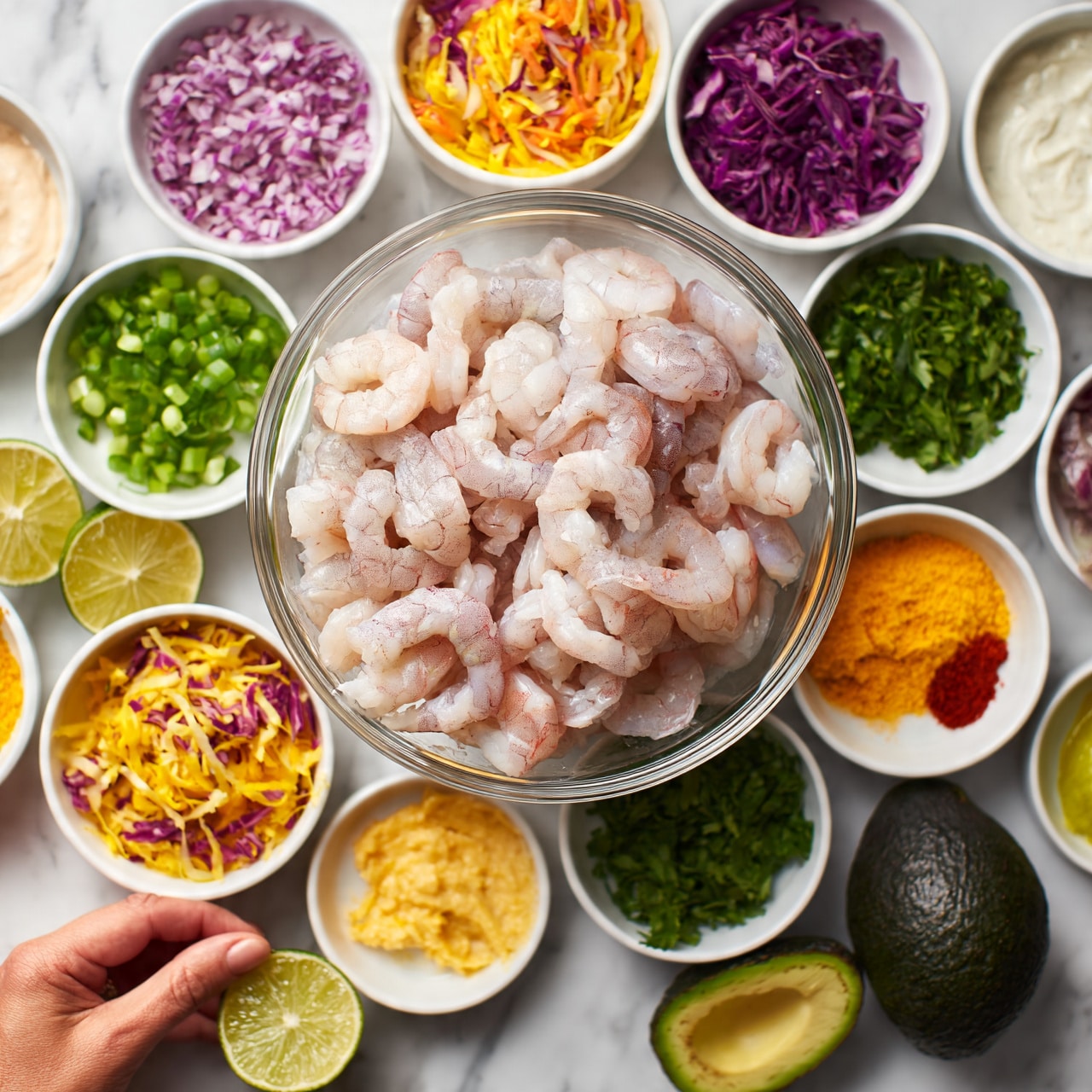 square image The image shows a close-up of many small white bowls arranged around a clear glass bowl in the middle filled with raw shrimp, which are light pink and white. Surrounding the shrimp are bowls with different colored ingredients: finely chopped red onions (purple), shredded cabbage and carrots (yellow, orange, and purple), chopped green onions (green), chopped cilantro (green), creamy white sauce, yellow and red spices, lime halves, and two halved dark green avocados. The bowls are all white, placed on a white marbled surface. A woman's hand is holding one lime half, near the bottom left corner of the image. Photo taken with an iphone --ar 4:5 --v 7