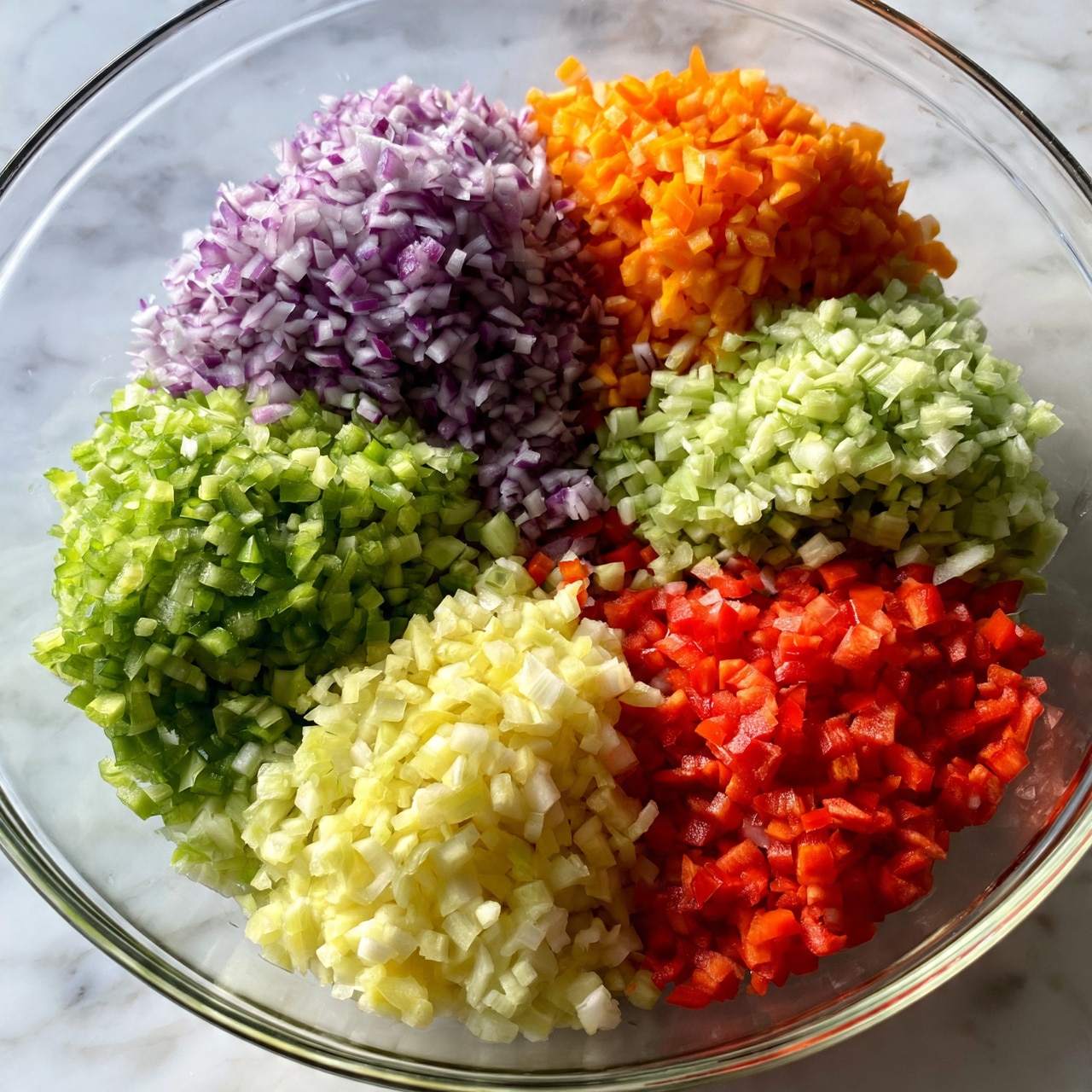 square image A clear glass bowl on a white marbled surface holds six piles of finely chopped vegetables, each arranged next to each other like colorful puzzle pieces. Starting from the top right corner and going clockwise: bright orange pieces, light purple pieces, light green pieces, bright green pieces, pale yellow pieces, and bright red pieces. Each pile has small, uniform cubes showing different smooth and crisp textures of the vegetables. The photo taken with an iphone --ar 4:5 --v 7