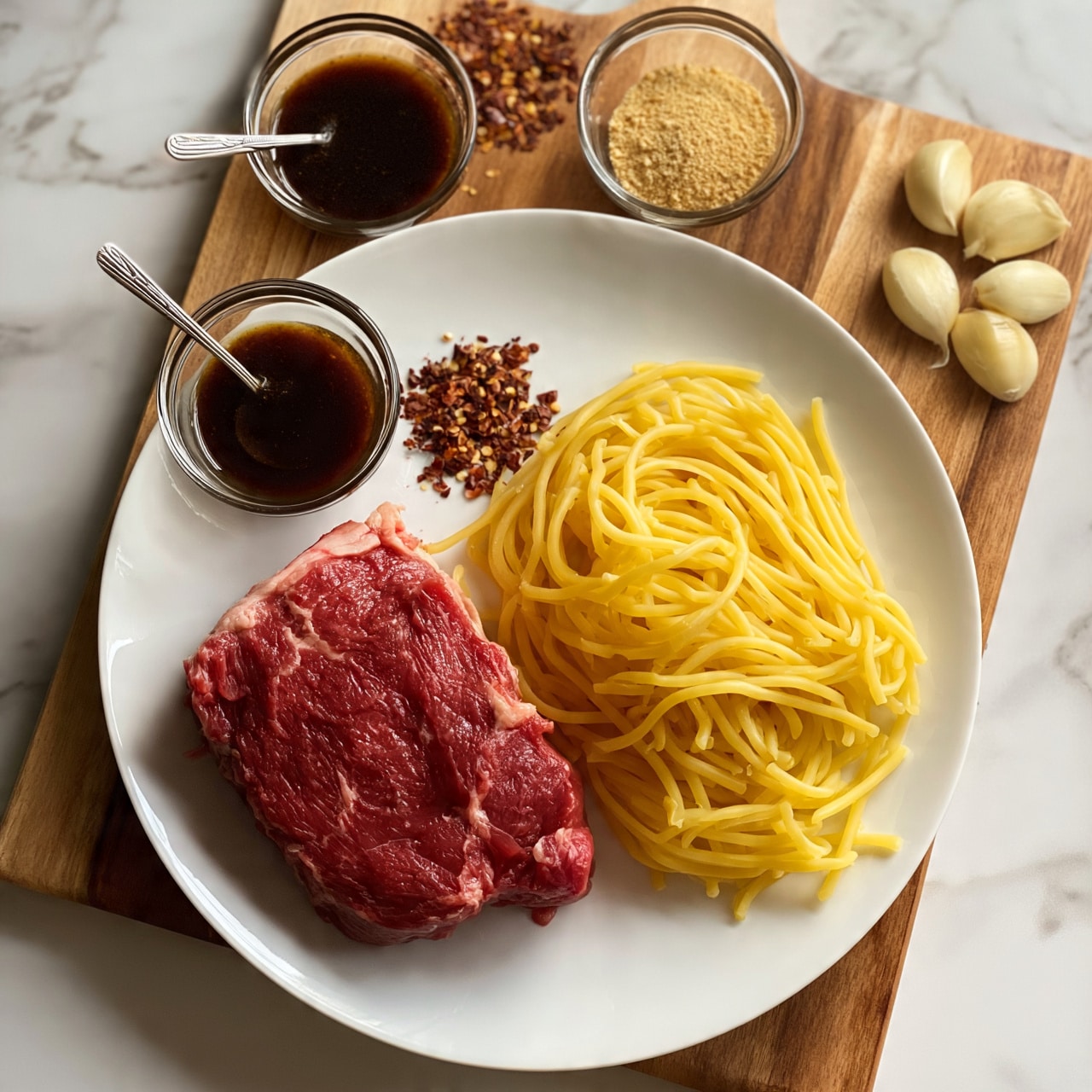 square image A white plate sits on a wooden board with a piece of raw red meat on the left side and a bunch of uncooked yellow pasta on the right side. Around the plate, there are small glass bowls and spoons holding dark brown sauce, light brown powder, red chili flakes, and four peeled garlic cloves. The background surface is a white marbled texture. photo taken with an iphone --ar 4:5 --v 7