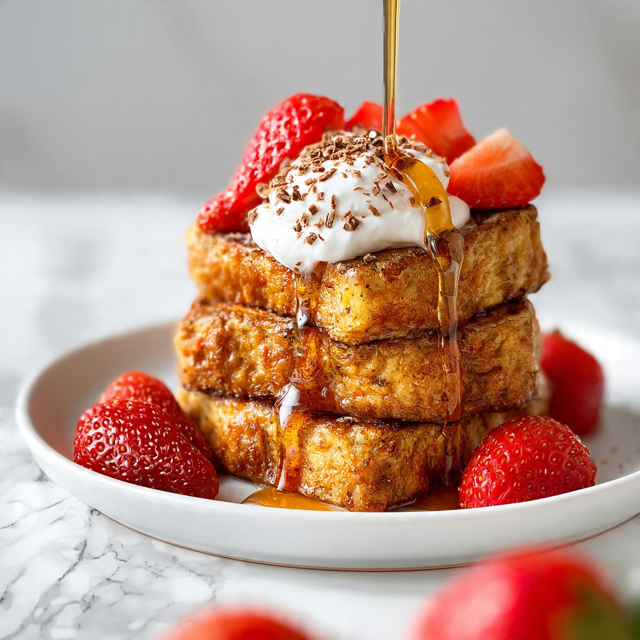 square image A stack of three thick, golden-brown French toast slices sits in the center of a white plate. On top of the stack is a dollop of white cream with small chocolate shavings scattered over it. Bright red strawberry slices are placed on top and around the plate, adding a fresh, juicy look. A stream of golden syrup is being poured down from above, glistening as it flows over the toast and cream, making the stack look moist and rich. The plate rests on a white marbled surface, with a few whole strawberries blurred in the foreground. Photo taken with an iphone --ar 4:5 --v 7