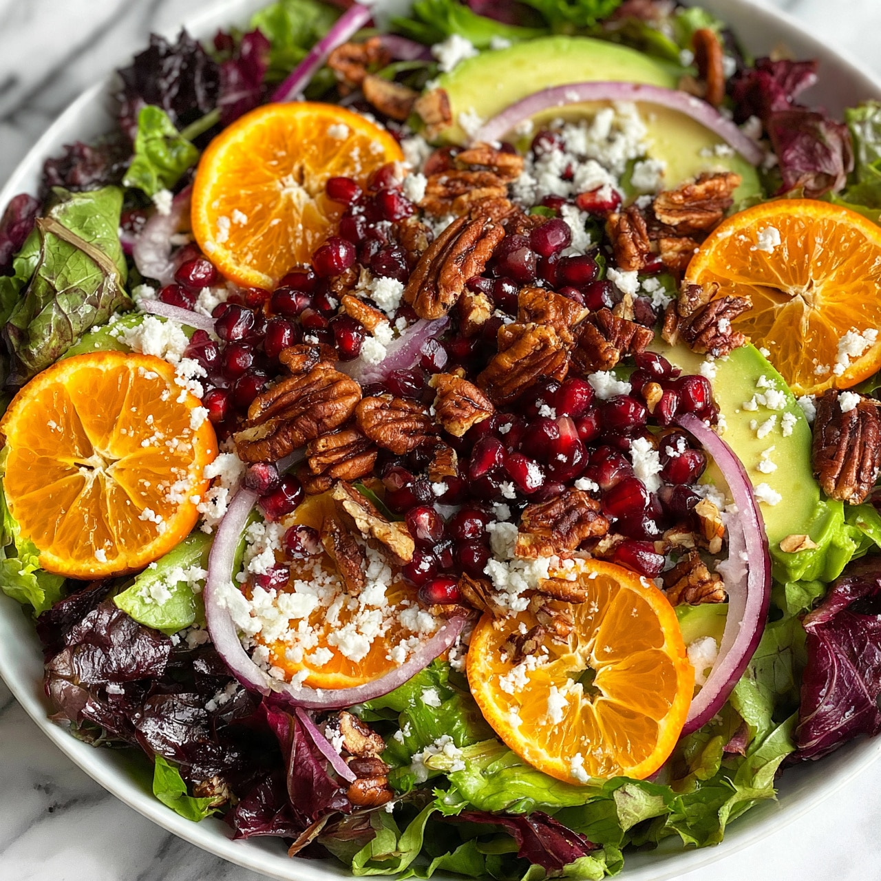 square image A large white bowl filled with a colorful salad consisting of mixed green and purple leafy lettuce as the base layer, topped with bright orange mandarin slices, deep red pomegranate seeds, slices of light green avocado, crunchy toasted brown pecans, thin rings of pale purple onion, and sprinkled with crumbled white cheese evenly spread across. The salad ingredients show fresh textures and vibrant colors against a white marbled surface in the background. Photo taken with an iphone --ar 4:5 --v 7