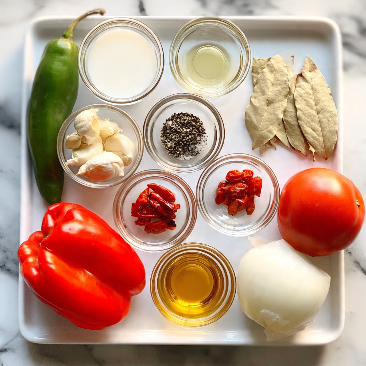 square image A white tray with nine small glass bowls and whole vegetables arranged evenly on a white marbled surface. The bowls contain different ingredients: one with white liquid, one with light yellow oil, one with black pepper and salt mix, one with small red dried chilies, and one with golden oil. Around the bowls are fresh vegetables: a whole green chili, garlic cloves, a whole bright red bell pepper, a ripe red tomato, a few beige bay leaves, and a chunk of white onion. The setup is neat and organized, showing a variety of colors and textures on a white marbled background. photo taken with an iphone --ar 4:5 --v 7
