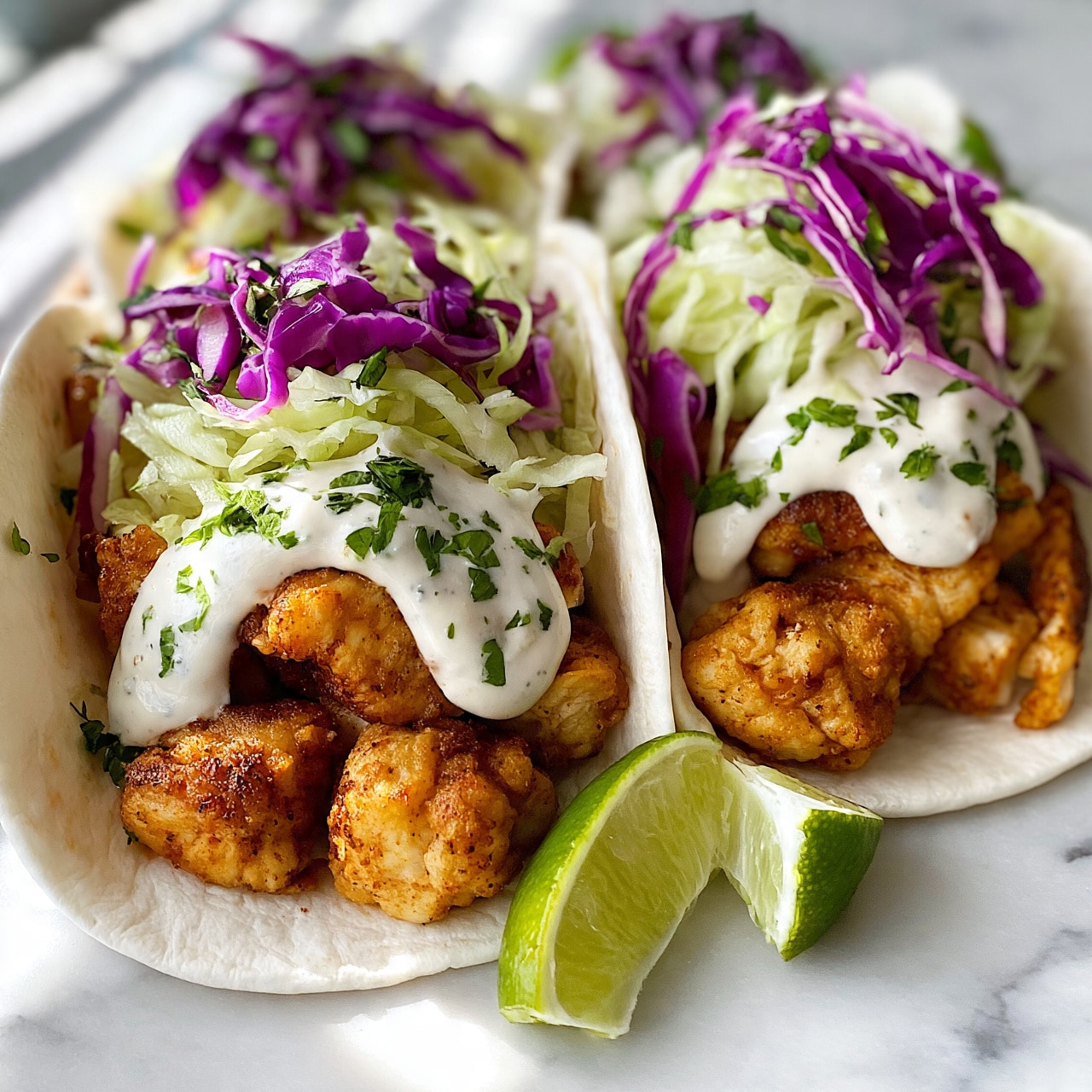 square image The image shows three soft white tortillas filled with pieces of golden-brown cooked chicken. Each tortilla has a layer of creamy white sauce drizzled on top of the chicken. There are fresh green chopped herbs sprinkled over the sauce, and a mix of thinly shredded light green lettuce and bright purple cabbage adds color and texture on top. Two lime wedges sit at the base of the front tortilla, resting on a white marbled surface. The photo has bright natural lighting with soft shadows around the edges, capturing the fresh and colorful look of the tacos. Photo taken with an iphone --ar 4:5 --v 7