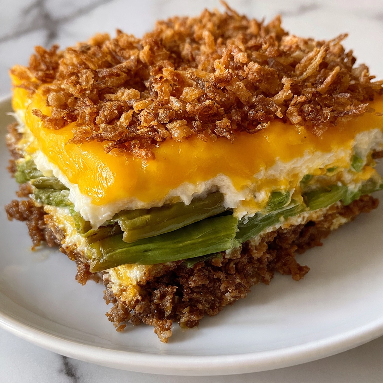 square image The dish shows a thick slice of layered casserole on a white plate. The bottom layer is browned ground meat with a crumbly texture. On top of the meat, there is a layer of green beans that look soft but still firm. Above the green beans, there is a creamy white layer mixed with cheese. The top layer is a bright yellow melted cheese covering the dish evenly. The whole dish is finished with a crunchy layer of golden brown fried onions scattered thickly on top. The plate is sitting on a white marbled surface. Photo taken with an iphone --ar 4:5 --v 7