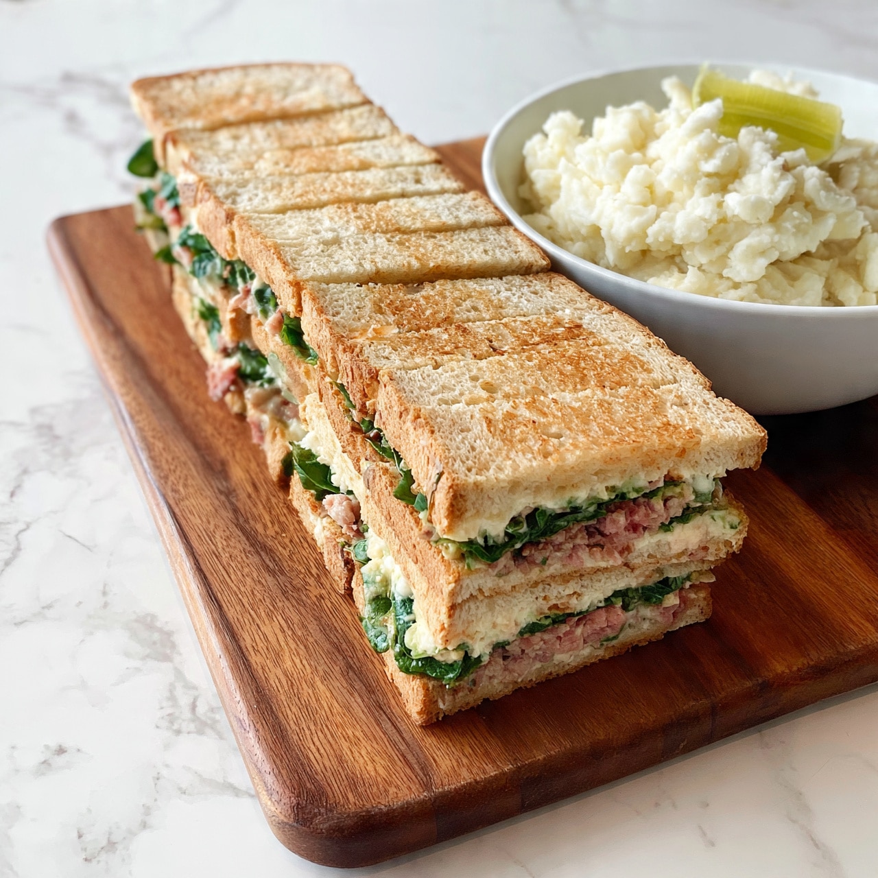 square image The image shows a wooden board with a row of stacked sandwich slices arranged neatly side by side. Each sandwich has multiple layers, including light brown toasted bread on the top and bottom, with visible fillings in between such as green leafy vegetables, pinkish meat, and a creamy spread. On the side, there is a white bowl filled with chunky white mashed potatoes and a lime wedge placed next to it. The background is a white marbled surface. A woman's hand is not visible in this image. photo taken with an iphone --ar 4:5 --v 7