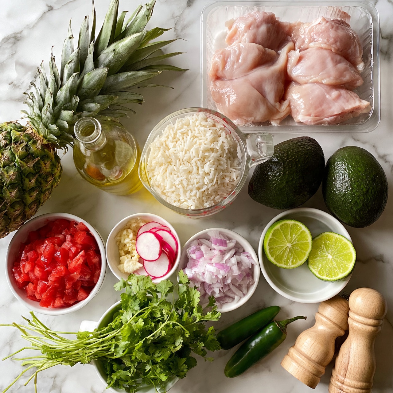square image On a white marbled surface, there is a clear plastic tray with four raw light pink chicken fillets in the top right. Below it, a clear glass measuring cup contains white rice. To the left of the rice, a whole pineapple with green spiky leaves is placed. Near it, a transparent glass bottle with golden olive oil is positioned. Below the oil, a white bowl is filled with chopped red tomatoes. Below the rice, a small white bowl holds minced garlic, and next to it, a similar bowl contains thin white and pink radish slices. Nearby, a round white bowl has light purple chopped onion. Toward the bottom right, a white bowl contains two halved bright green limes. Two dark green avocados rest to the right of the rice. Near the bottom, a bunch of fresh green cilantro with stems is present in a white cup. Two green jalapeño peppers lie at the bottom right. Two wooden salt and pepper shakers stand next to each other in the lower right corner. The whole setting is bright and clear, with a neat arrangement. Photo taken with an iphone --ar 4:5 --v 7
