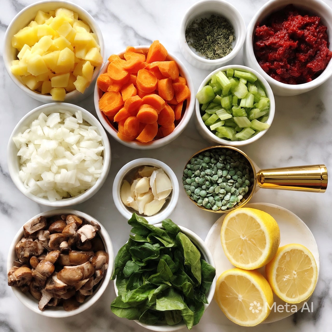 square image The image shows an arrangement of 11 small bowls and one gold scoop on a white marbled surface. The bowls contain different fresh ingredients: one bowl with chopped yellow potatoes near the top left, a bowl with sliced orange carrots next to it, a bowl of white chopped onions below the potatoes, and a bowl of chopped green celery to the right. Below the carrots is a bowl filled with chopped brown mushrooms, and next to it is a bowl with fresh green spinach leaves. Two lemon halves lie next to the spinach bowl. A small bowl with peeled garlic cloves is near the spinach. A small bowl with green dried herbs sits near the top center, with a bowl of deep red tomato paste beside it on the right. A gold scoop filled with green lentils is placed near the center right. The textures and colors of the ingredients show freshness and variety. Photo taken with an iphone --ar 4:5 --v 7