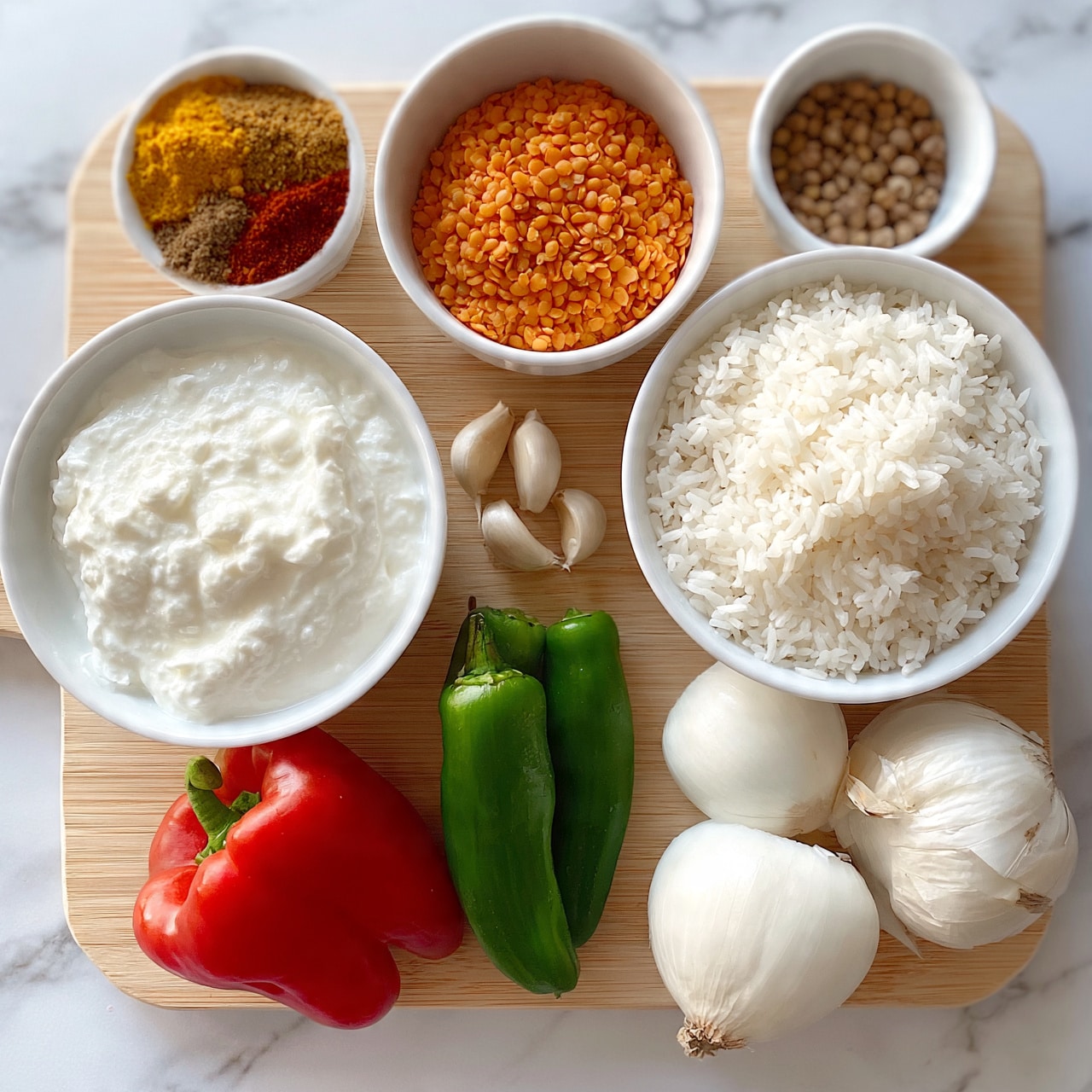 square image The image shows a light wooden board with several white bowls and loose ingredients arranged on it. On the left is a white bowl filled with thick white yogurt. Next to it, in the center at the top, is a white bowl filled with small orange lentils. On the right, a white bowl holds raw white rice. Spread around the bowls on the wooden board are a red pepper, two green peppers placed together, three garlic cloves, two white onions with skin, and two small white bowls containing spices – one bowl with yellow, brown, and red powdered spices, and the other with round whole spices. The background surface is a white marbled texture. photo taken with an iphone --ar 4:5 --v 7