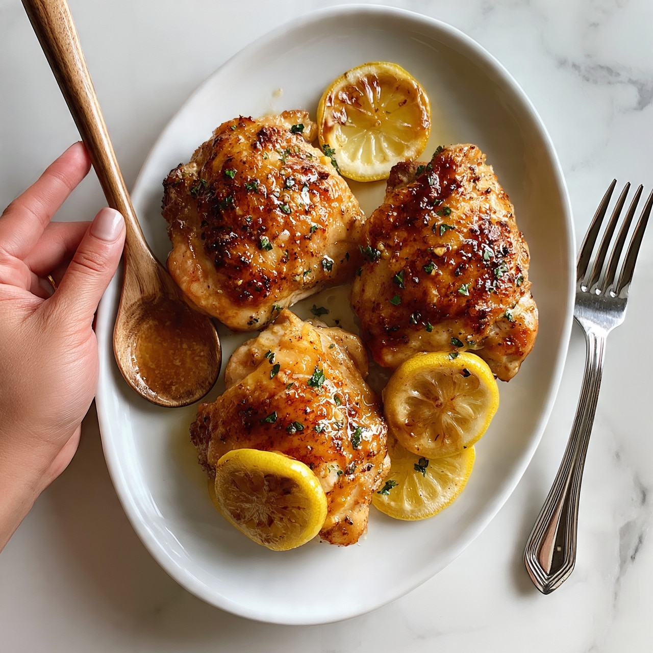 square image The image shows four pieces of cooked chicken with a golden brown color, placed on a white oval plate. The chicken pieces have a slightly shiny surface, suggesting a glaze or sauce, and are garnished with small green herbs sprinkled on top. There are slices of cooked lemon placed on and around the chicken, adding yellow color and texture. A woman's hand is holding a wooden spoon with some sauce on it on the left side of the plate. Next to the plate, there is a silver fork resting on the white marbled surface. The overall presentation is simple, bright, and fresh with warm tones. photo taken with an iphone --ar 4:5 --v 7