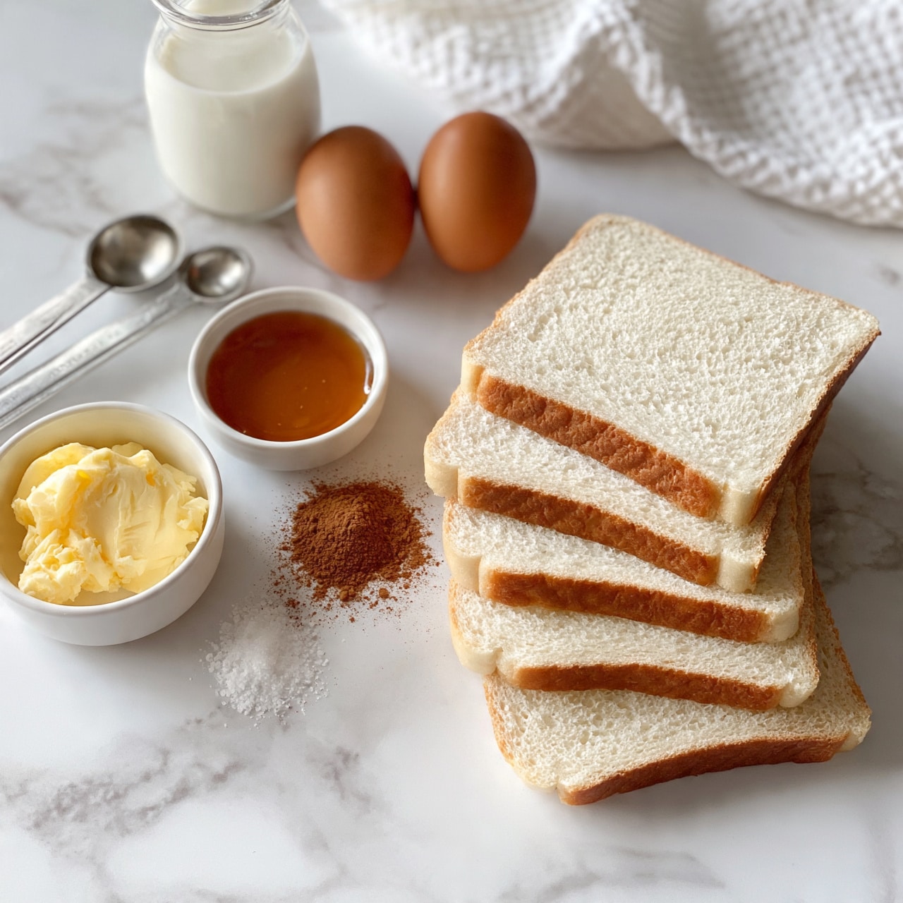 square image The image shows a white marble surface with four slices of white bread stacked slightly overlapping on the right side. To the left, there is a small white bowl of soft yellow butter, a small white bowl filled with amber-colored honey, a small pile of ground cinnamon, a small pile of salt, and two silver measuring spoons. Behind these ingredients, there is a small glass jug of milk and two brown eggs standing side by side. A white textured cloth is partially visible on the upper right corner. Photo taken with an iphone --ar 4:5 --v 7