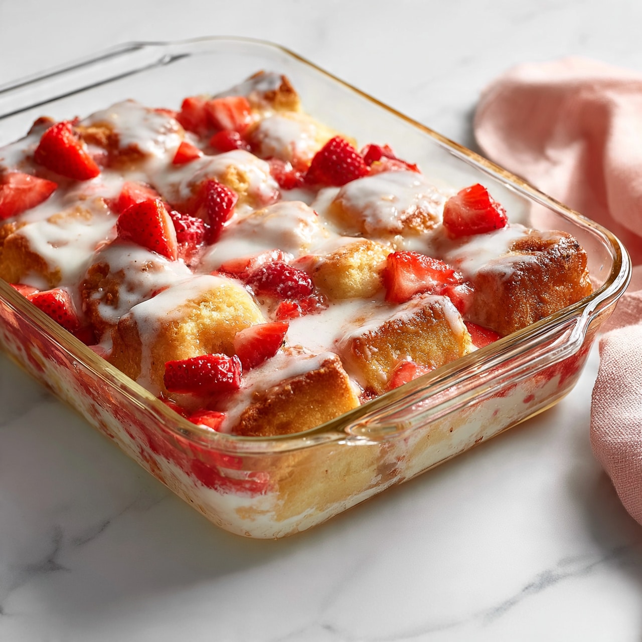 square image The image shows a glass baking dish filled with a layered dessert. The base layer consists of golden brown baked pieces that look soft and juicy. Scattered on top and between the baked pieces are bright red strawberry chunks. The whole dish is topped with a smooth white glaze that lightly covers the strawberries and baked pieces. The dish is placed on a white marbled surface with a soft pink cloth partially visible on the right side. photo taken with an iphone --ar 4:5 --v 7