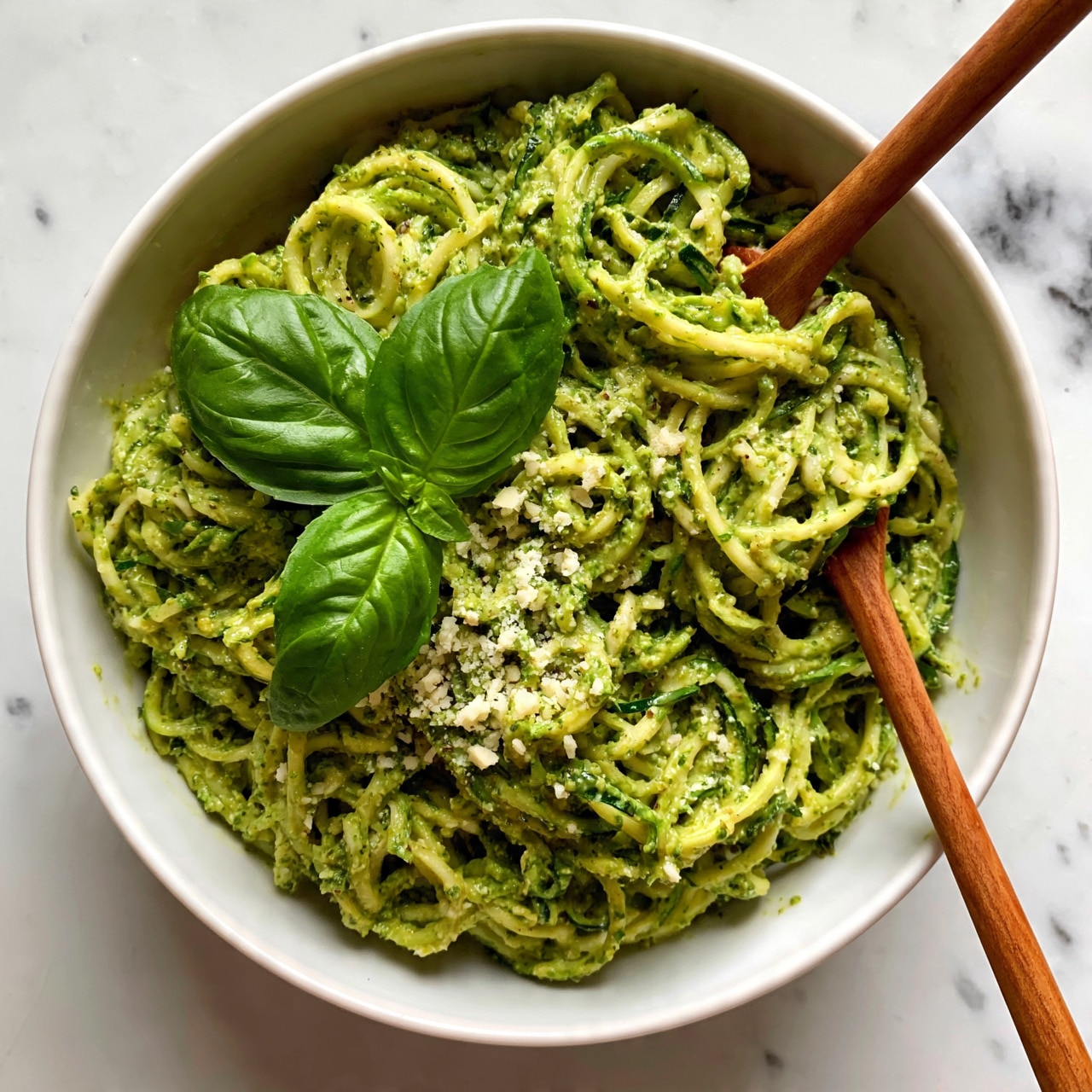 square image The image shows a white bowl filled with zucchini noodles coated in a bright green pesto sauce. The noodles are long and curly, mixed evenly through the bowl with a thick, creamy texture from the sauce. There are small bits of grated cheese sprinkled on top, adding a light texture contrast. Fresh, vibrant green basil leaves sit on top as a garnish. A wooden spoon is resting inside the bowl, partially covered by the noodles. The bowl is placed on a white marbled surface. Photo taken with an iphone --ar 4:5 --v 7