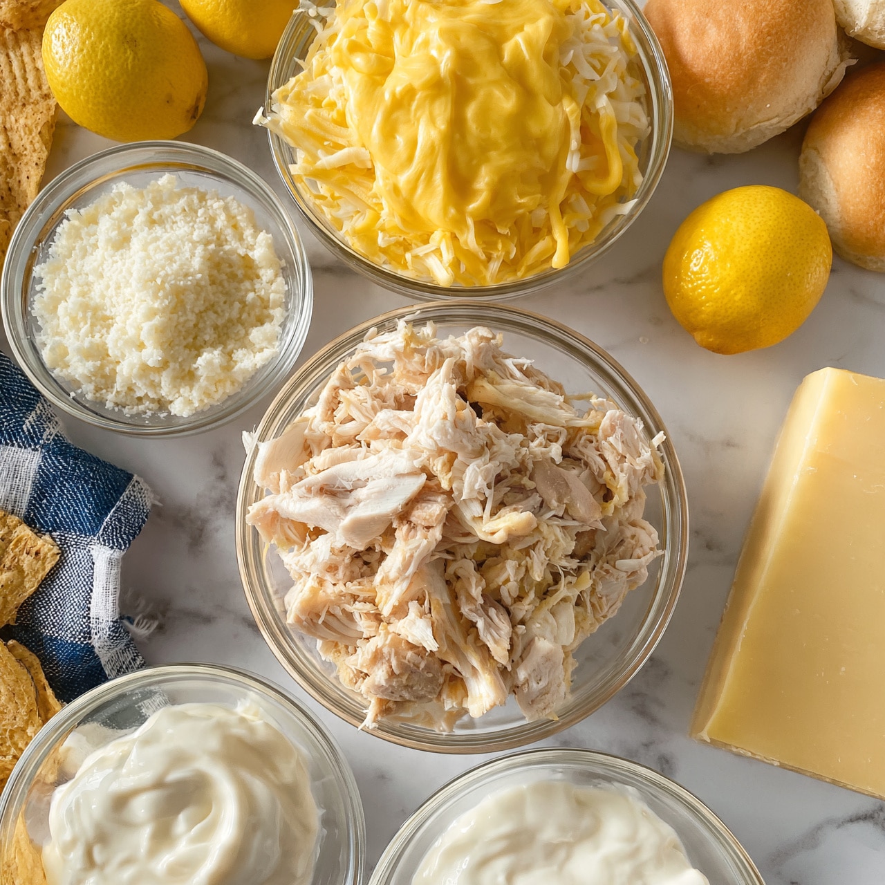 square image The image shows several clear glass bowls placed on a white marbled surface. At the center, there is a bowl filled with shredded cooked chicken, pale in color with a soft texture. Above it, there is a bowl of yellow shredded cheese, fluffy and smooth. To the left of the chicken bowl, there is a smaller bowl of grated white cheese. Surrounding these are three whole yellow lemons and some round bread rolls placed near the top right corner. At the bottom, there are two clear bowls, one filled with sour cream and the other with a white creamy sauce. A wedge of pale yellow hard cheese is placed on the right side. Additional details include some crispy tortilla chips and a blue and white checkered cloth on the left side of the layout. Photo taken with an iphone --ar 4:5 --v 7
