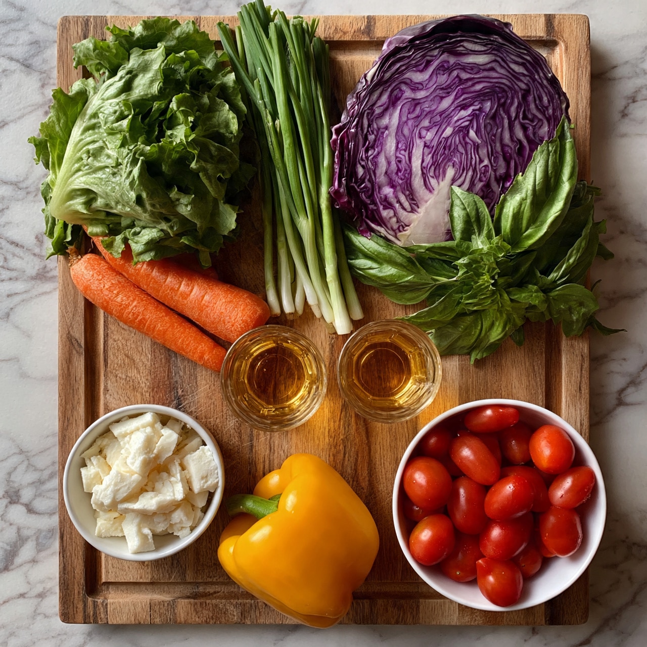 square image The image shows a wooden board with fresh vegetables and ingredients neatly arranged on a white marbled surface. At the top left, there is a bunch of leafy green lettuce beside an orange carrot and a bunch of green onions. To the top right, half of a purple cabbage is placed with fresh green basil leaves to its side. At the bottom left of the board, a small white bowl filled with white cheese pieces sits next to a yellow bell pepper. On the bottom right, a small white bowl is filled with bright red cherry tomatoes. Two small clear glasses of golden liquid are placed in the center of the board, between the vegetables. photo taken with an iphone --ar 4:5 --v 7