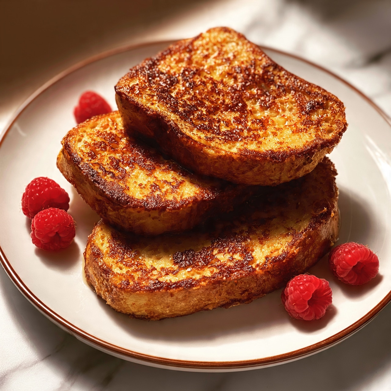 square image The image shows three thick slices of golden-brown french toast stacked partly on a white plate with a thin brown rim. The french toast has a crispy, slightly uneven texture with some darker spots showing caramelization. Fresh red raspberries are scattered on and around the toast, adding bright pops of color. The plate rests on a white marbled surface with warm lighting that highlights the rich tones of the toast and the freshness of the berries. photo taken with an iphone --ar 4:5 --v 7