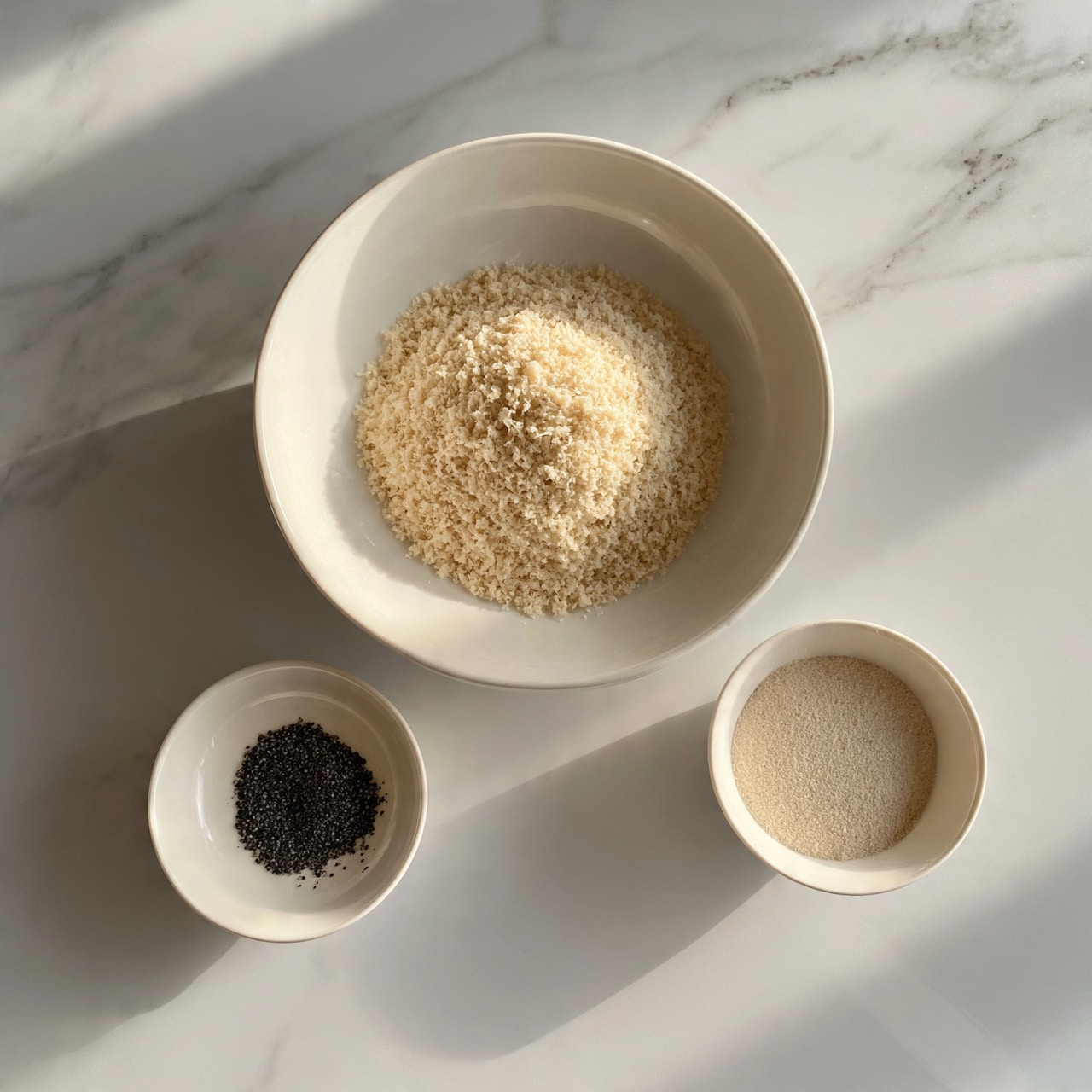 square image The image shows three white dishes placed on a white marbled surface. The largest white bowl at the top center is filled with a mound of light beige, finely grated food. Below it, on the left, there is a small white dish with a small pile of black pepper. To the right of the pepper dish, there is another small white bowl holding a light beige powder. The overall look is simple and clean, with the bowls arranged neatly and a soft natural light illuminating the scene. Photo taken with an iphone --ar 4:5 --v 7