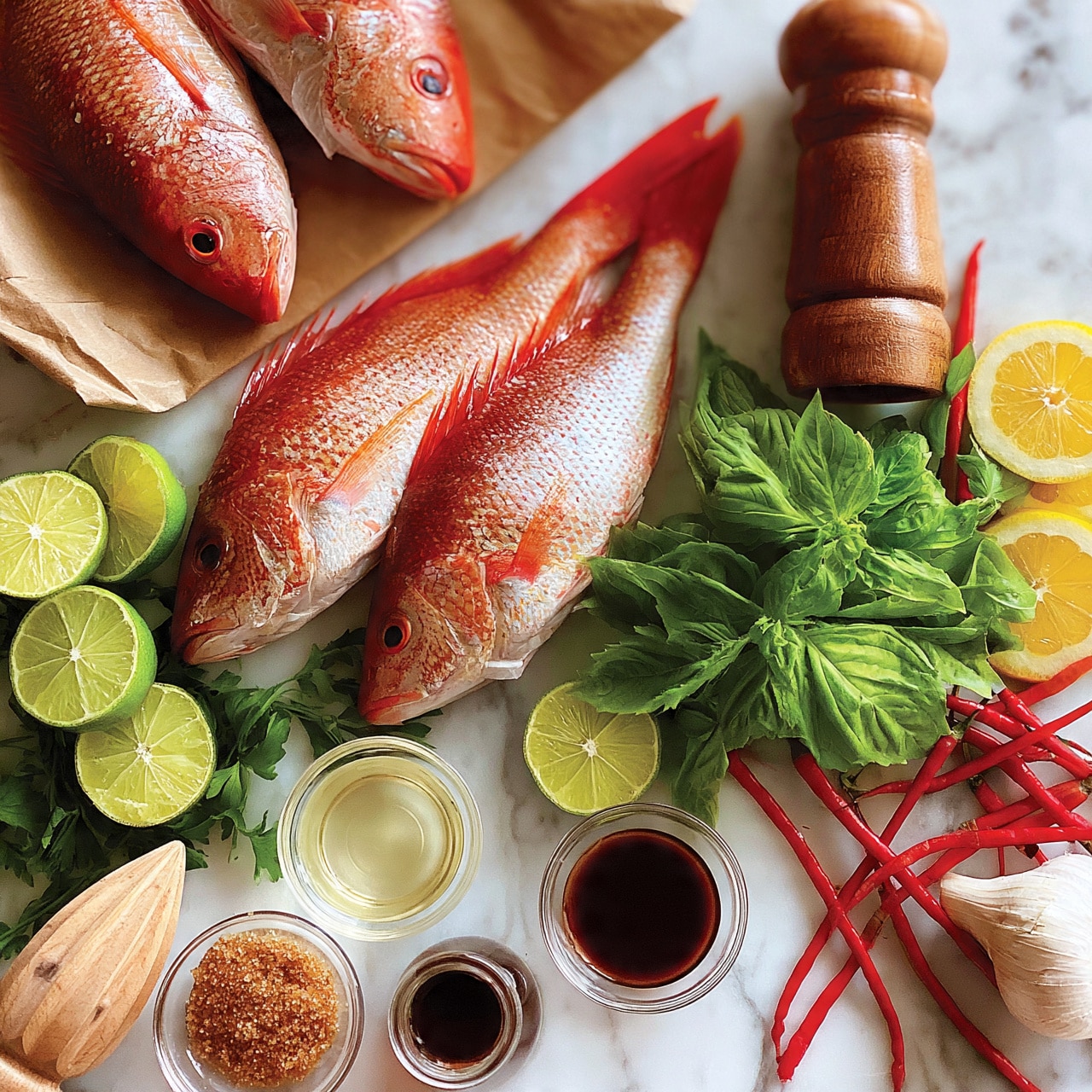 square image Two whole red fish with shiny scales lie side by side on brown paper in the top left corner of a white marbled surface. Below and around the fish, there are fresh lime halves, green herbs, and small clear bowls filled with brown sugar, light oil, dark sauce, and a liquid in a small dark bottle. To the right, a wooden pepper grinder stands next to a cluster of bright green basil leaves, thin red chili peppers, sliced yellow lemons, and a bulb of garlic. A wooden citrus reamer is placed near the lime. The scene is bright and clear, showing raw ingredients arranged neatly on the white marbled background photo taken with an iphone --ar 4:5 --v 7