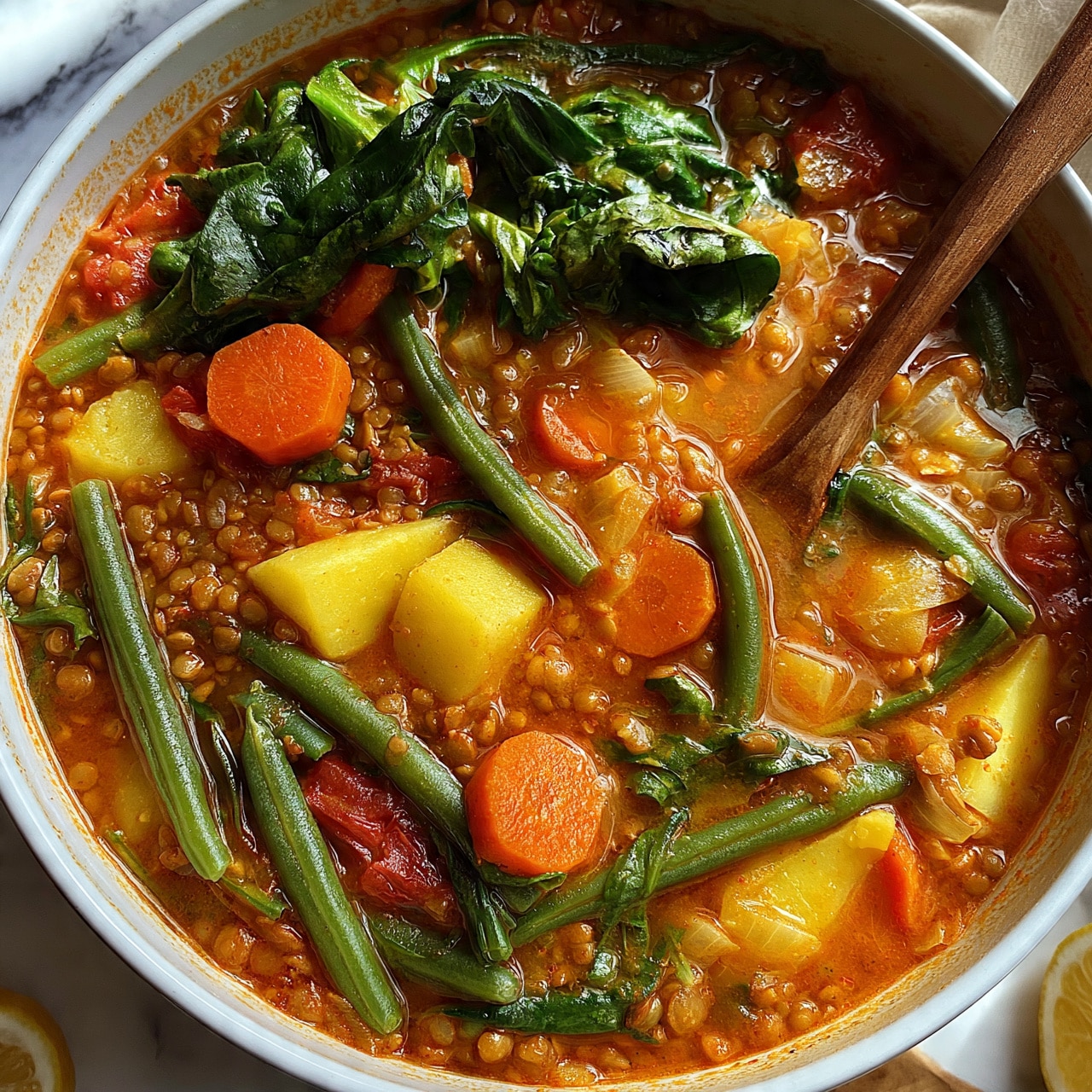 square image A large white pot filled with a chunky soup showing many layers of ingredients, the base is a rich orange-red broth mixed with small lentils. Visible chunks of yellow potatoes, bright orange carrot slices, and green beans are spread evenly through the soup. Fresh spinach leaves add a touch of dark green on top, while pieces of tomato and onion add red and light yellow colors. A wooden spoon is immersed in the soup, resting inside the pot. The pot is placed on a white marbled surface with some lemon halves nearby. photo taken with an iphone --ar 4:5 --v 7