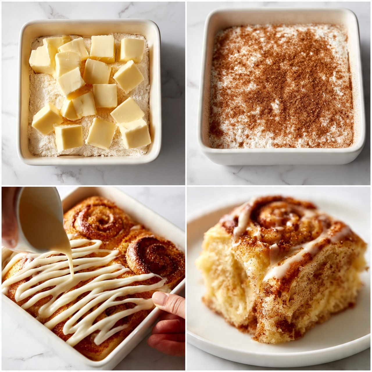 square image The images show the process of making a cinnamon roll dessert in a white square baking dish with a white marbled background. In the first layer (image 5), cubes of pale yellow butter are scattered on top of a white flour mixture. In the second layer (image 6), the butter and flour are topped with a layer of brown sugar and cinnamon, creating a speckled brown texture over the pale yellow chunks and white flour. The third layer (image 7) shows the baked cinnamon rolls with a golden-brown, slightly crispy surface covered with a woman’s hand pouring a creamy white glaze in diagonal lines over the rolls. The final image (8) presents a close-up piece of the baked dessert on a white plate, revealing a soft, crumbly texture with swirls of cinnamon and bits of glaze on top. photo taken with an iphone --ar 4:5 --v 7