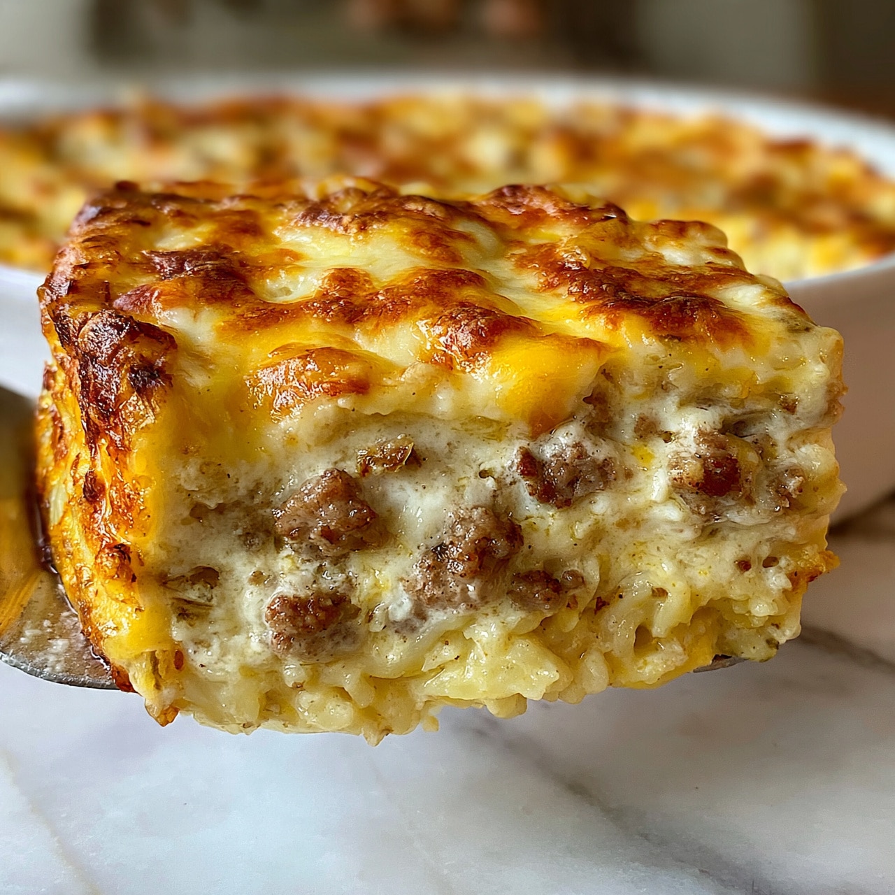 square image A close-up of a slice of baked casserole being lifted by a spatula over a white marbled surface, showing three distinct layers: a top layer of melted, golden-brown cheese with some crispy spots, a middle layer of creamy sauce mixed with browned ground meat pieces, and a bottom layer of soft, cooked pasta or noodles. The edges are slightly browned, and the casserole is in a white pan. The background is softly blurred. Photo taken with an iphone --ar 4:5 --v 7