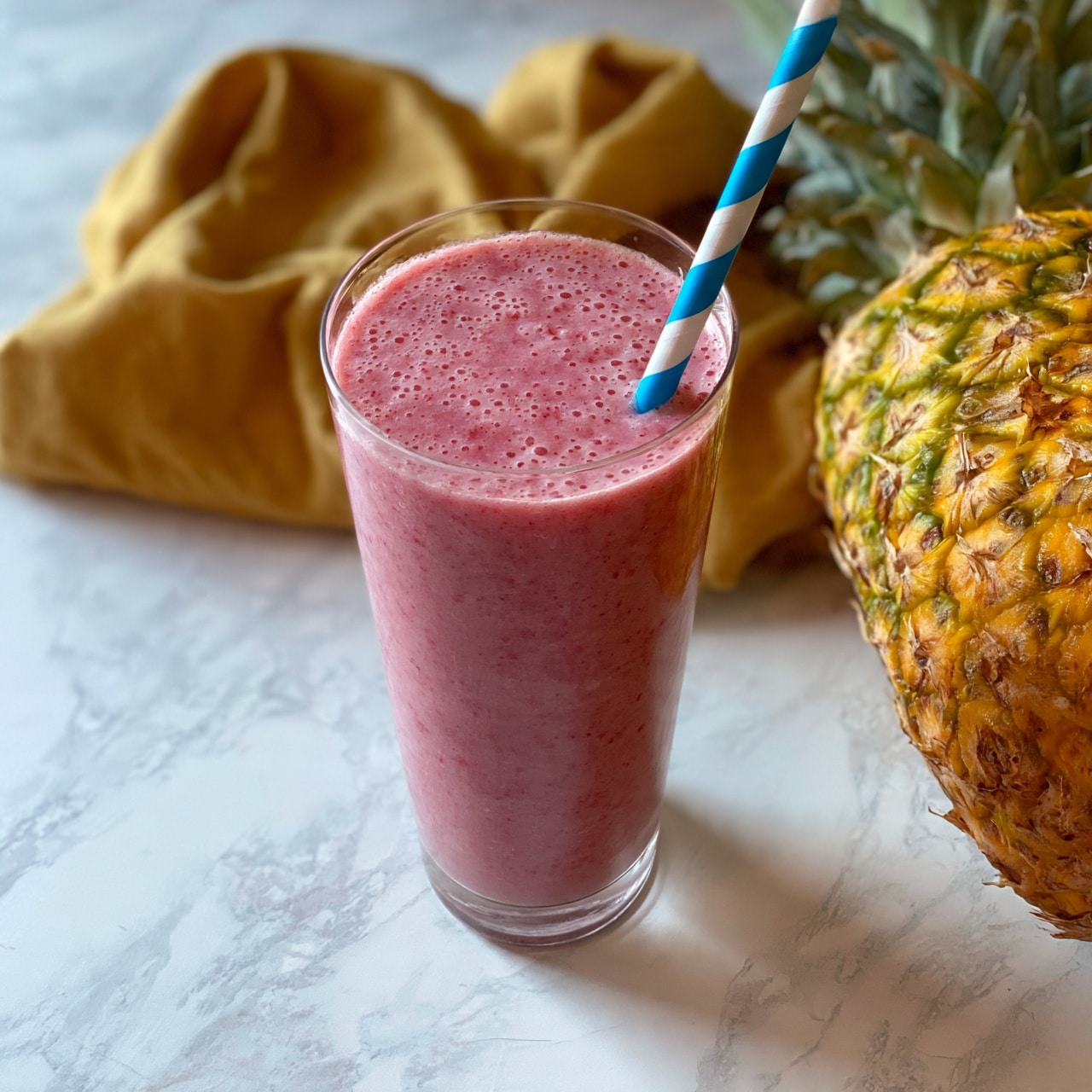 square image A tall clear glass filled with a smooth, pink smoothie that reaches near the top, with tiny bubbles on its surface. A blue and white striped straw is placed inside the glass. The glass sits on a white marbled surface, and to the right, there is a large pineapple with a rough yellow and green skin. Behind the glass, a soft mustard-colored cloth is loosely placed. photo taken with an iphone --ar 4:5 --v 7