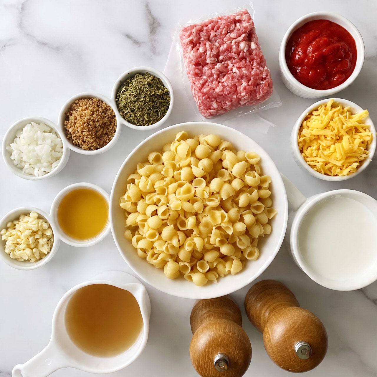 square image The image shows many ingredients placed on a white marbled surface, all in separate white bowls or dishes. There is a large white bowl in the center filled with uncooked yellow pasta shaped like small shells. Above it on the right side is a square wrapped piece of raw ground meat, pink in color, and to its right are two small white bowls, one with red tomato sauce and another with shredded yellow cheese. On the left side, there are three smaller white bowls with finely chopped white onions, brown breadcrumbs, and green dried herbs arranged in a row. Below these are two more white bowls, one with finely chopped garlic and another with a golden liquid, likely oil. Below the pasta bowl on the left side, there is a white measuring cup with light brown broth, and on the right side, a white cup filled with white milk or cream. In front of these, two wooden salt and pepper grinders are placed. The overall look is clean, organized, and all on a white marbled background. Photo taken with an iphone --ar 4:5 --v 7