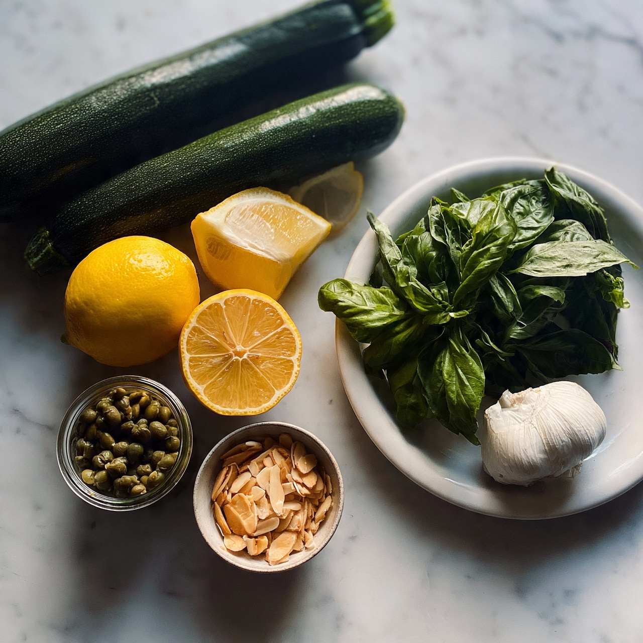 square image The image shows fresh ingredients placed on a white marbled surface. Two whole dark green zucchinis lie across the top left, next to a whole bright yellow lemon and a lemon half showing its inside. Below them, there is a small jar filled with green capers and a small bowl holding thin, light brown almond slices. To the right, a white plate holds a bunch of dark green basil leaves and a whole garlic bulb with white skin. photo taken with an iphone --ar 4:5 --v 7