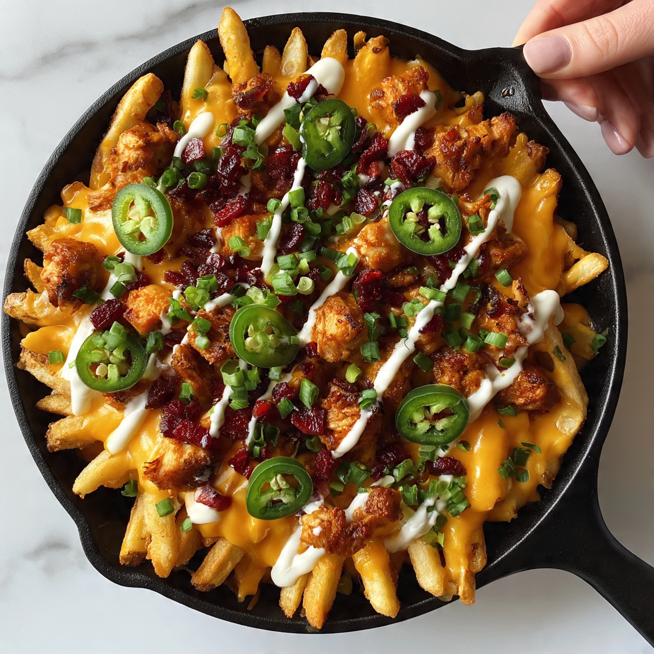 square image A black cast iron pan filled with crispy golden fries forms the base layer, topped with melted orange cheddar cheese creating a smooth, rich layer. On top, chunks of browned cooked chicken add texture and color, mixed with small pieces of dark red bacon. Thin slices of bright green jalapeño peppers and chopped green onions are scattered over the dish, adding fresh color and sharpness. The whole dish is finished with several thin white drizzles of sour cream, contrasting with the other colors. The pan rests on a white marbled surface with a woman's hand holding the handle at the edge. Photo taken with an iphone --ar 4:5 --v 7