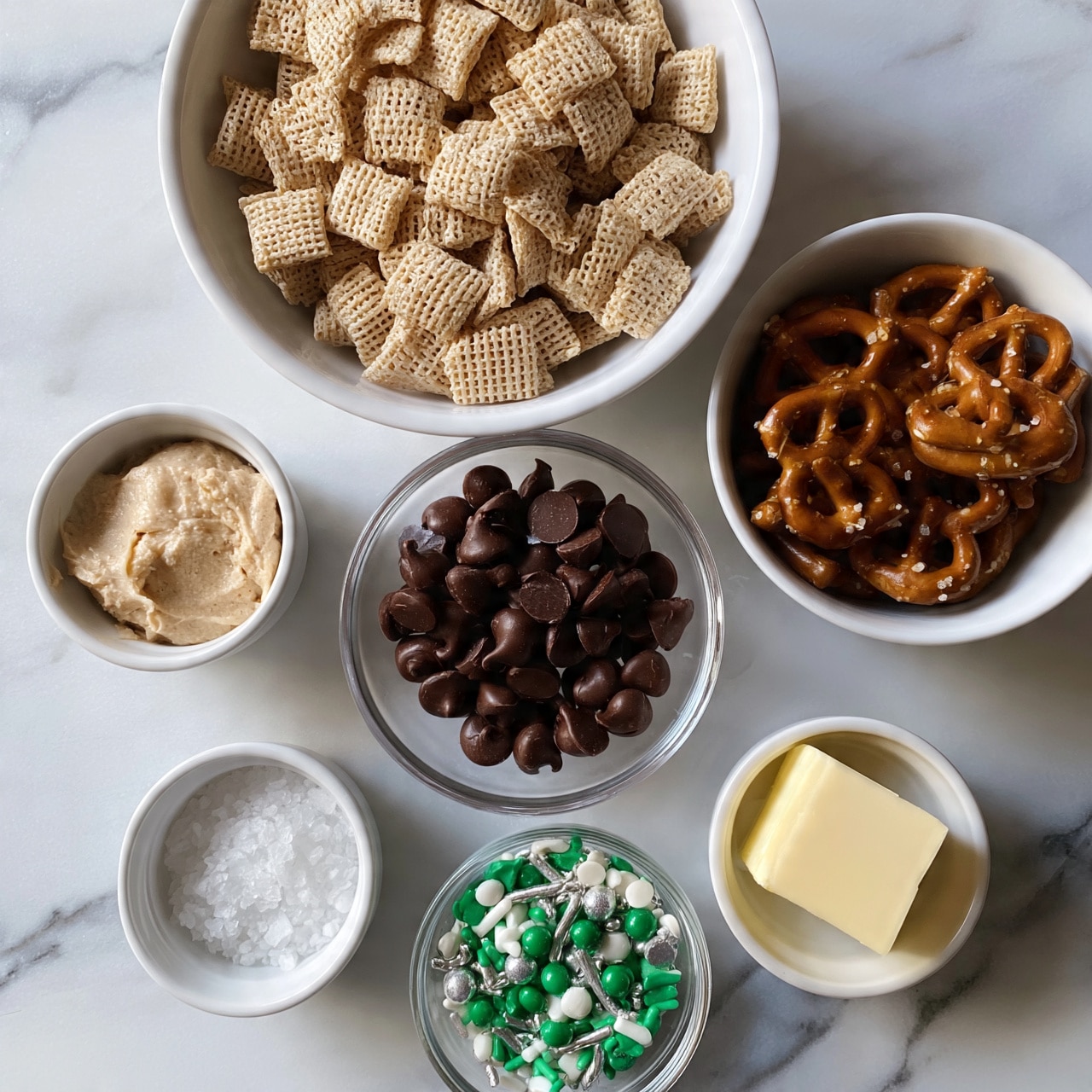 square image The image shows several white bowls with different ingredients arranged on a white marbled surface. At the center top, a large white bowl is filled with many small square cereal pieces that have a light beige color and a woven texture. Below and slightly to the right, a clear glass bowl holds many dark brown chocolate chips with a smooth and shiny texture. To the right of the glass bowl, a white bowl contains shiny pretzels that are brown and rounded with salt grains visible. To the left of the glass bowl, a small white bowl has a creamy light brown spread inside. Below these bowls, on the left, another small white bowl contains coarse white sea salt. Near the bottom center, a small clear bowl is filled with green, white, and silver round and stick sprinkles. On the right side, a small white bowl holds a solid light yellow stick of butter. All bowls are visible from above and arranged neatly without overlapping. photo taken with an iphone --ar 4:5 --v 7