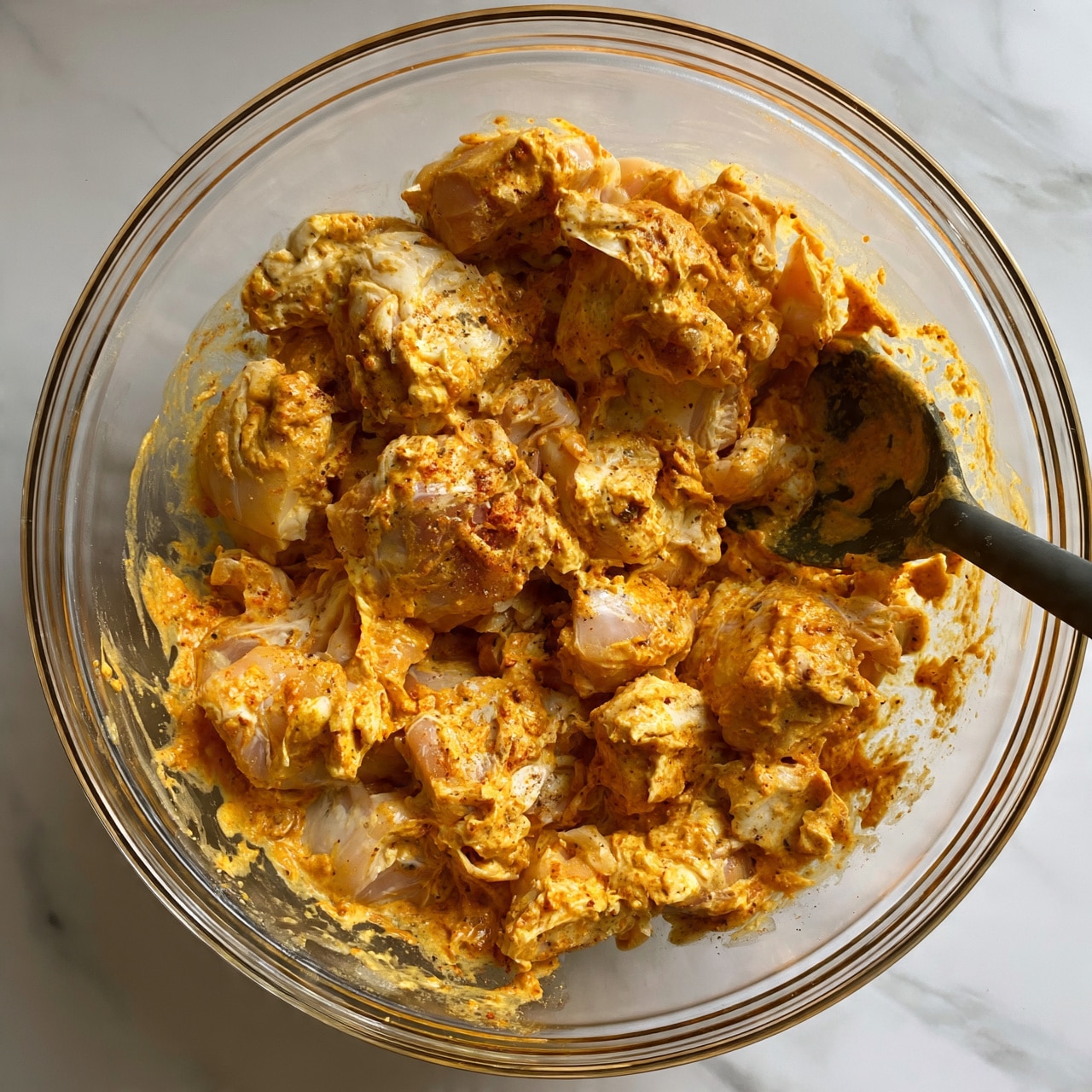 square image A clear glass bowl filled with raw chicken pieces coated in a thick, creamy orange marinade mixed with spices, showing a mix of white and orange colors on the chicken. The chicken pieces are layered unevenly inside the bowl, with visible texture from the creamy sauce. A spoon with a dark handle rests inside the bowl, partly covered in the marinade. The bowl is set on a white marbled surface. Photo taken with an iphone --ar 4:5 --v 7