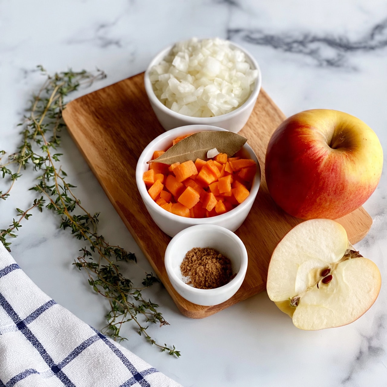 square image The image shows a wooden board with three white bowls holding different chopped ingredients. The top bowl contains finely chopped white onions, the middle bowl holds small, orange carrot pieces with a dry bay leaf on top, and the bottom bowl has a small amount of brown spice powder. Next to the board, there is one whole red and yellow apple and one apple half, with the white inside and seeds visible. Some fresh thyme branches lie on the white marbled surface near the board, and a white and blue checked cloth is partially seen at the bottom left corner. Photo taken with an iphone --ar 4:5 --v 7