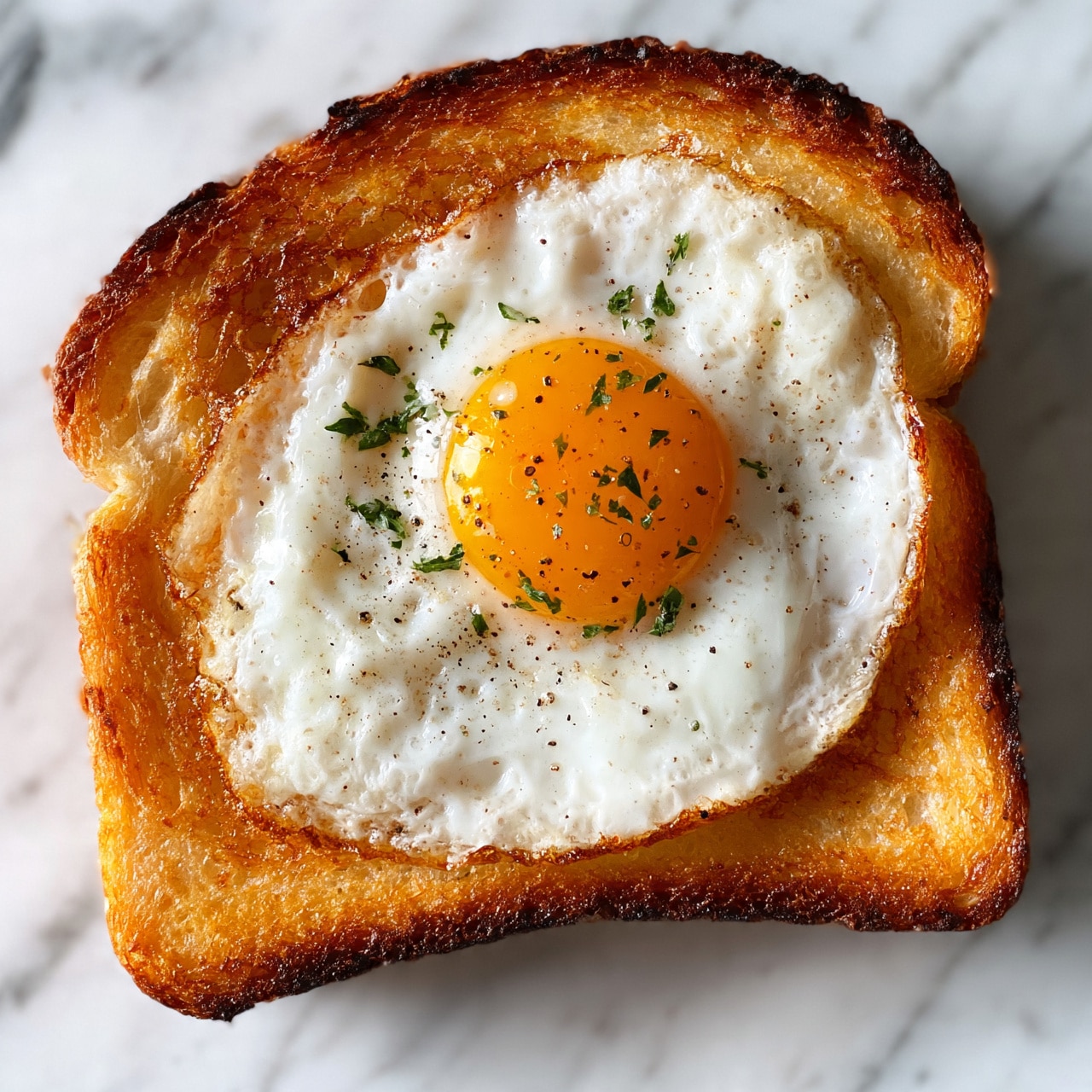 square image The image shows a close-up of a thick piece of golden-brown toasted bread with a perfectly cooked fried egg in the center, where the egg white is firm and slightly bubbly, while the yolk is bright orange and slightly runny. The toast has an even texture, with small crispy edges, and there are tiny black pepper specks sprinkled on top of the egg, along with finely chopped green herbs. The toast is placed on a surface with a white marbled texture. Photo taken with an iphone --ar 4:5 --v 7