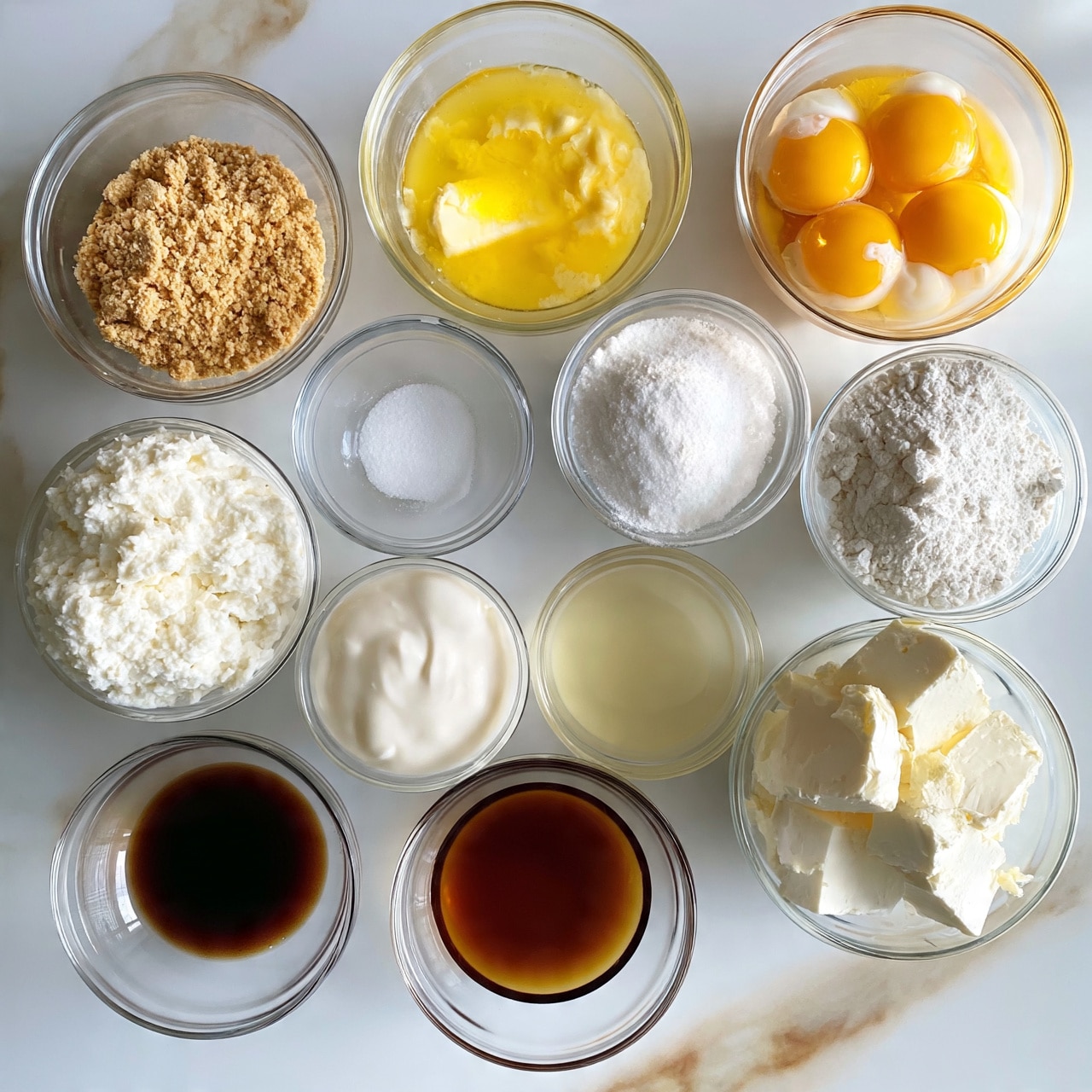 square image The image shows several clear glass bowls of different sizes arranged on a white marbled surface. There are ten bowls in total, each filled with different ingredients: one bowl contains light brown crumbs, another has a melted yellow substance, a third has four raw yellow egg yolks with whites around, one bowl is filled with white granulated sugar, another with a white powder, there is a smaller bowl with a pinch of salt, another bowl holds a thick white creamy substance, one small bowl with a light yellow liquid, another with thick soft white blocks, and the last bowl contains a dark brown liquid. The ingredients are spread across the frame with some overlap, creating a neat organized layout. photo taken with an iphone --ar 4:5 --v 7