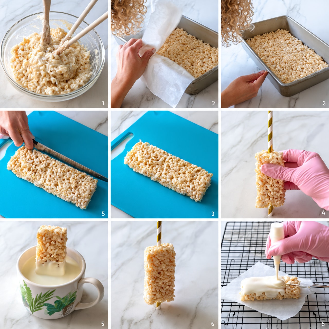 square image The image shows six steps of making rice crispy treats on sticks. The first layer is a clear glass bowl filled with a sticky, light-colored rice cereal mix stirred with a wooden spoon. The second step shows a woman’s hand peeling back parchment paper from a rectangular metal pan with the same cereal mix pressed inside it. The third frame shows a woman’s hand holding a knife cutting the solid rice treat into long rectangular bars on a bright blue cutting board. In the fourth step, a pink-gloved woman’s hand holds one of the bars, inserted with a gold and white striped paper straw stick into its top. The fifth frame shows one rice treat dipped halfway into a white chocolate liquid in a white mug decorated with green plants. The final photo shows a pink-gloved woman’s hand carefully piping more white chocolate over the dipped rice treat resting on parchment on a black cooling rack. All photos have a white marbled background. photo taken with an iphone --ar 4:5 --v 7