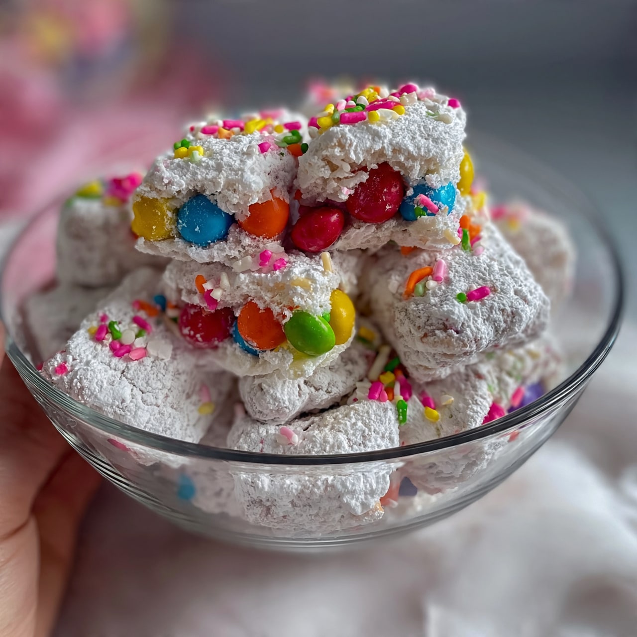 square image A clear glass bowl is filled with several layers of square-shaped cereal pieces covered in white powdered sugar, mixed with colorful round candy-coated chocolates in red, orange, blue, yellow, and green. Scattered throughout are small, bright, multicolored sprinkles in pink, yellow, green, white, and orange, adding more bursts of color and texture. The bowl sits on a soft white marbled surface with a woman’s hand slightly visible holding the bowl from the side. The background is softly blurred with pink and grey tones. photo taken with an iphone --ar 4:5 --v 7