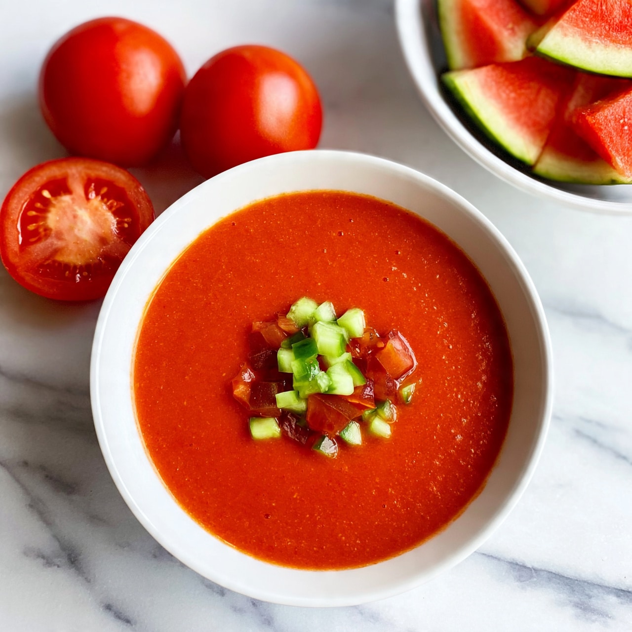 A white bowl filled with bright red cold tomato soup topped with small pieces of cucumber, tomato, green herbs, and finely chopped vegetables in the center. Next to the bowl on a white marble surface, there are two whole red tomatoes and one half tomato showing the inside. In the background to the right, a white plate holds several triangular watermelon slices with green rind and red flesh. The scene is bright and clean. photo taken with an iphone --ar 4:5 --v 7