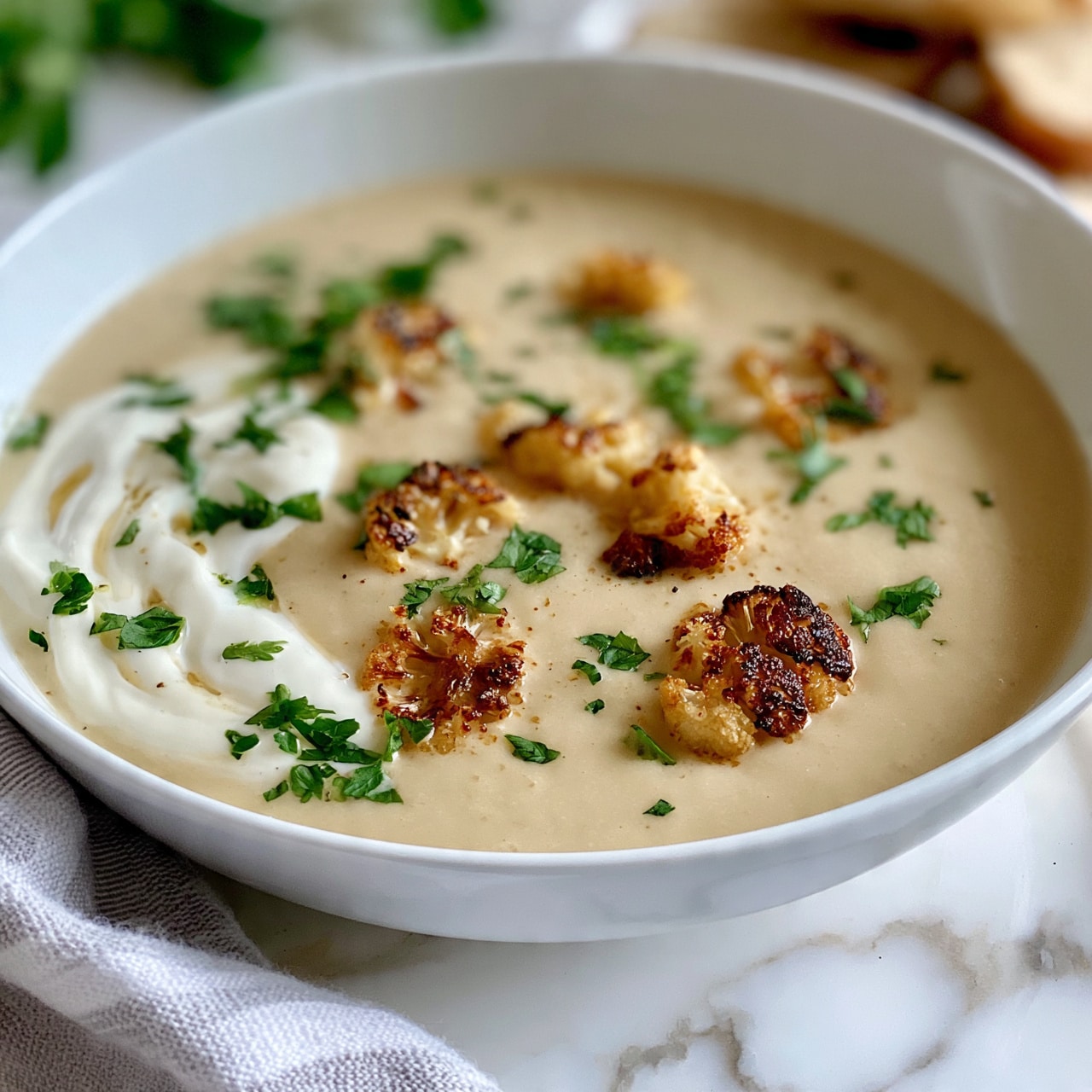 square image The image shows a white bowl filled with creamy beige soup with visible small flower-like pieces of roasted cauliflower floating on top. Dollops of white cream or yogurt swirl gently on one side of the soup, with scattered fresh green parsley leaves adding a touch of color. The bowl sits on a white marbled surface with a soft gray and white striped cloth partially visible at the bottom left. Some slices of bread are blurred in the background, along with more parsley leaves for garnish. The photo is shot brightly and clearly, showing the smooth texture of the soup and the slightly charred surface of the cauliflower. photo taken with an iphone --ar 4:5 --v 7