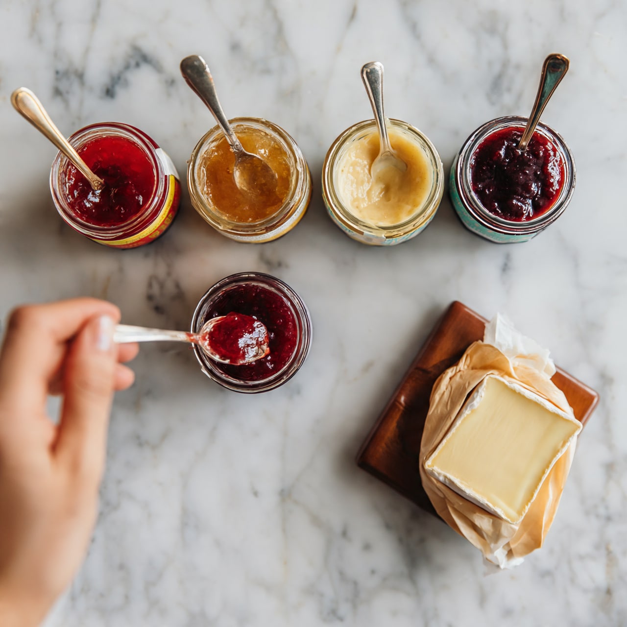 square image The image shows a white marbled surface with various jars of spreads and preserves arranged neatly. There are six jars in total, three of them opened with visible spoons inside: one with red jam, one with a light yellow spread, and another with dark red jam. A woman's hand holds a spoon dipping into the red jam jar. Nearby, a piece of soft cheese wrapped partially in paper sits on a small brown wooden board, showing a smooth, creamy texture. The overall scene looks bright and clean, with the jars having colorful lids and labels. photo taken with an iphone --ar 4:5 --v 7