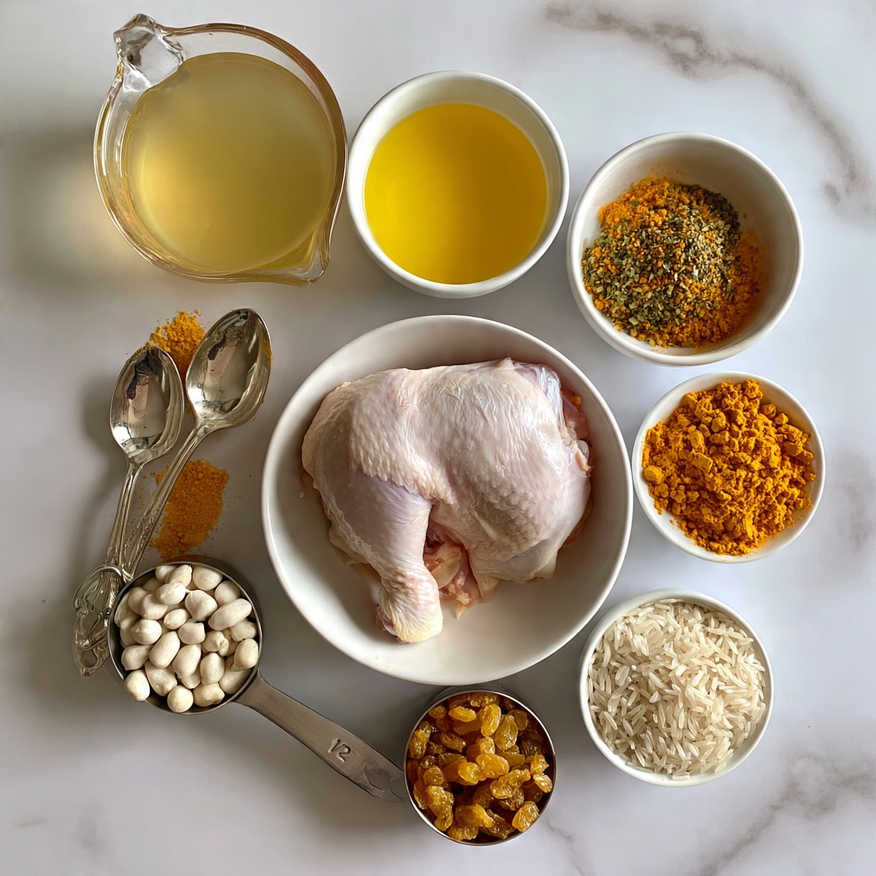 square image The image shows a top view of raw ingredients neatly arranged on a white marbled surface. At the center is a white bowl holding a piece of raw chicken with pale pink skin and some fat visible. Surrounding this bowl, clockwise from top, is a glass measuring cup filled with light yellow broth, a white bowl with bright yellow oil, another white bowl containing a dry mixed spice blend of orange and green, two silver spoons with yellow turmeric powder beside these bowls, a metal 1/2 cup measuring cup with round white peanuts, a metal 1/3 cup measuring cup with long white rice grains, and a small white bowl filled with golden raisins. The setup is clean and organized, with simple colors and clear textures. photo taken with an iphone --ar 4:5 --v 7
