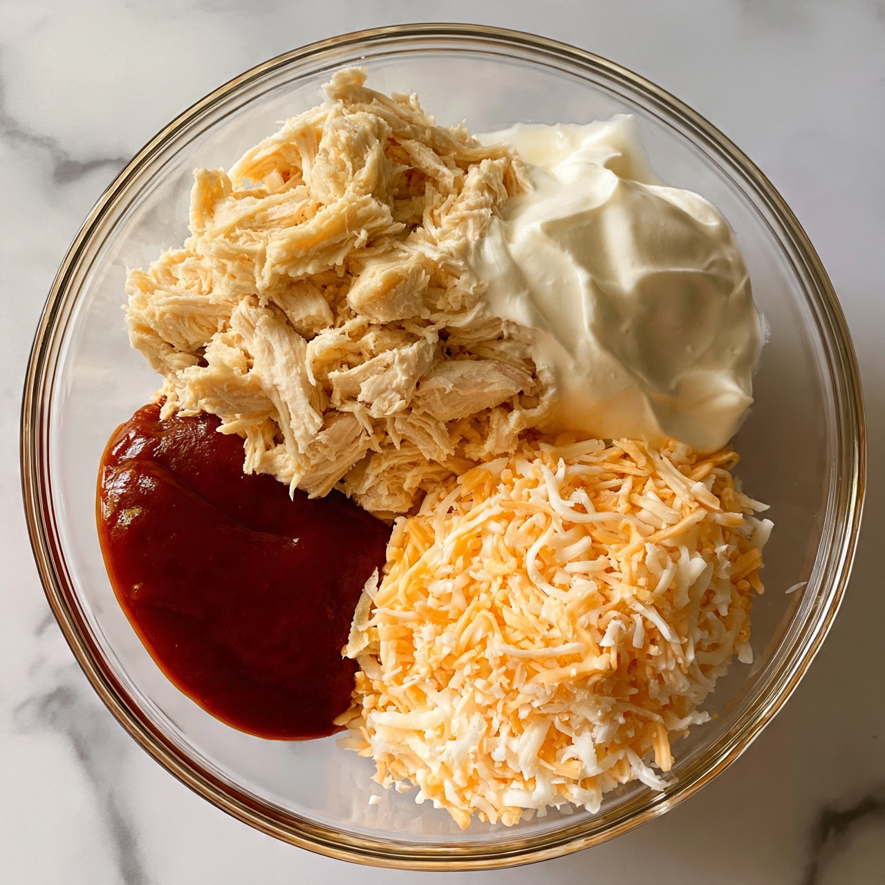 square image A clear glass bowl sits on a white marbled surface, containing four separate layers of ingredients. At the bottom left, there is a smooth deep red sauce, next to it on the right, a pile of light orange and white shredded cheese. Above the sauce, shredded light beige chicken is placed, fluffy and soft in texture. To the right of the chicken, a dollop of smooth white sour cream rests, slightly blended at the edges with the chicken. photo taken with an iphone --ar 4:5 --v 7