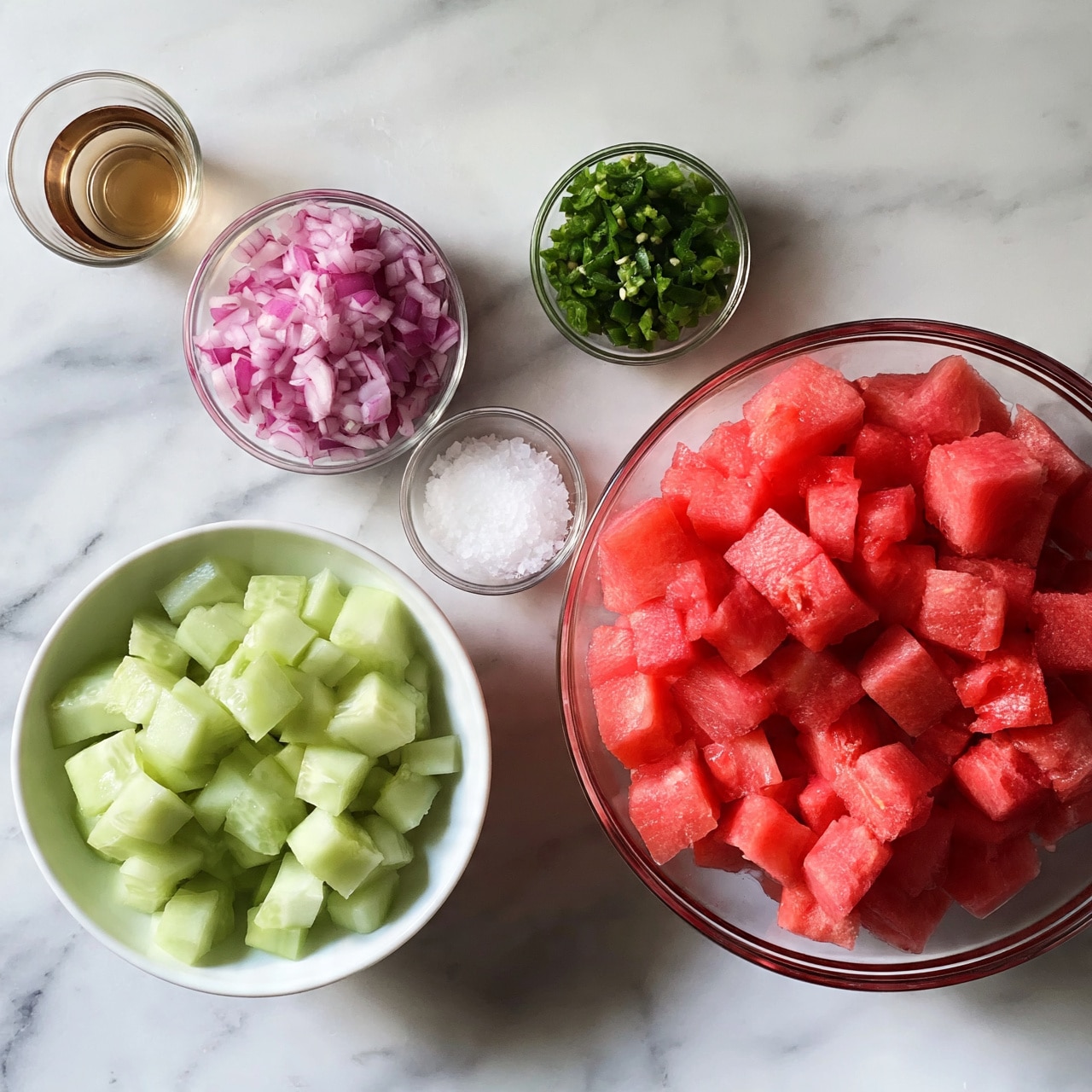 square image The image shows five small glass or white bowls arranged neatly on a white marbled surface. The largest bowl is clear glass and filled with bright red, cubed watermelon pieces positioned on the right side. To the left of the watermelon bowl, there is a white bowl holding pale green cucumber cubes. Above this white bowl, a small glass bowl contains finely chopped purple onions. Below this onion bowl, a very small glass bowl holds coarse white salt. Next to the salt, another small glass bowl contains finely chopped green chili peppers. A small glass cup with light brown liquid, likely vinegar, is placed to the top left of the onion bowl. All ingredients are visible and arranged in a clean, simple layout with good natural lighting, photo taken with an iphone --ar 4:5 --v 7
