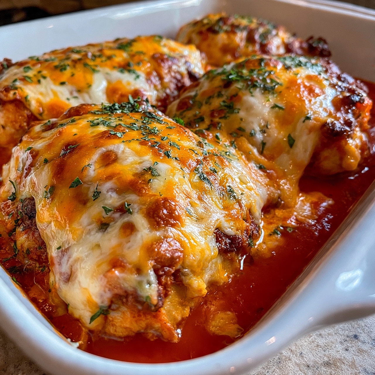 square image A white baking dish holds several pieces of cooked chicken topped with a thick layer of melted cheese that is golden and bubbly with some browned spots. The melted cheese layer is mixed with orange and white shades, giving it a rich texture, and finely chopped green herbs scattered on top add a fresh contrast. Below the cheese, a bright red tomato sauce layer covers the bottom of the dish, adding color and moisture. The chicken pieces are large and partly covered by the sauce and cheese, blending the layers together. Photo taken with an iphone --ar 4:5 --v 7