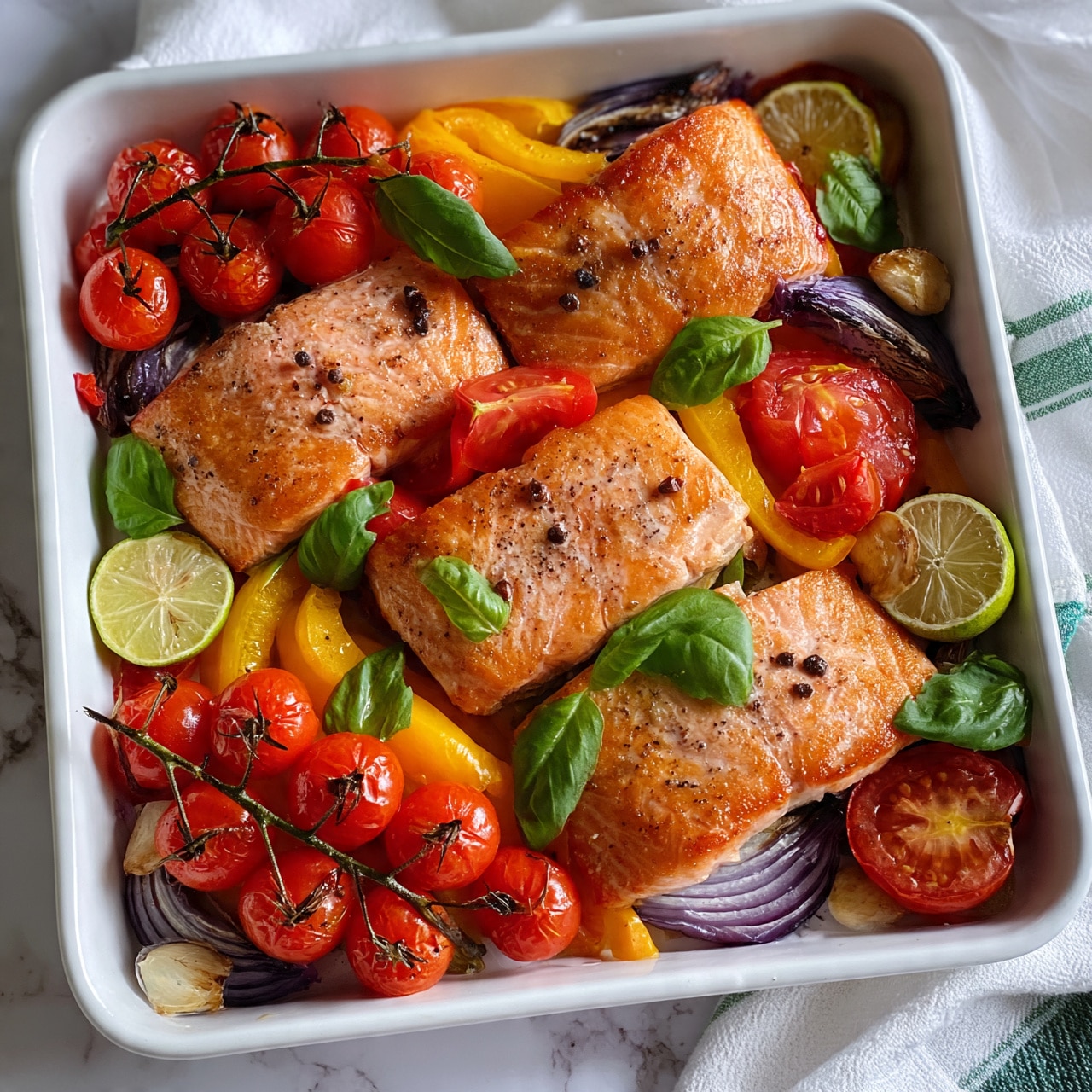 square image The image shows a white rectangular tray filled with three pieces of cooked salmon fillets, each having a slightly crispy, golden-brown top with small black pepper pieces sprinkled on them. Surrounding the salmon are bright roasted cherry tomatoes on the vine, vibrant yellow bell pepper strips, halved red tomatoes, and charred purple onion wedges. There are also slices of lime and roasted garlic cloves placed around for extra color and texture. Fresh green basil leaves are scattered over the dish, adding a fresh touch. The tray rests on a white marbled surface with a white cloth and a green-striped kitchen towel partially visible. Photo taken with an iphone --ar 4:5 --v 7
