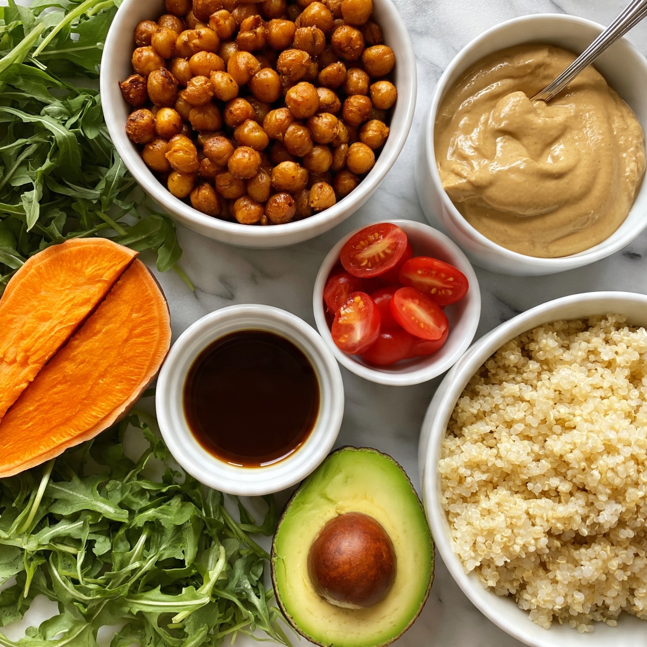 square image The image shows several white bowls and food items arranged on a white marbled surface. From top left clockwise, there is a bunch of fresh green arugula leaves, a white bowl filled with golden brown roasted chickpeas, half of an orange sweet potato, a small white bowl with dark brown liquid sauce, a white bowl with creamy beige tahini sauce and a silver spoon, fresh green arugula leaves at the bottom edge, half of a green avocado with a brown seed, a white bowl of fluffy light yellow cooked quinoa, and a small white bowl containing bright red halved grape tomatoes. The colors are bright and natural, with clear textures showing the dryness of chickpeas, the smoothness of sauces, and freshness of vegetables. Photo taken with an iphone --ar 4:5 --v 7