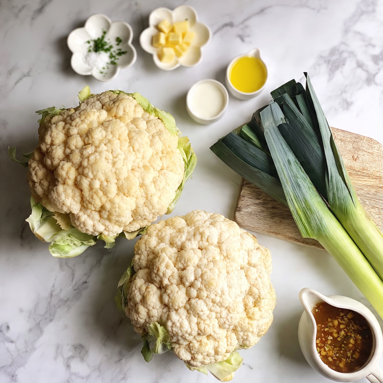 square image Two whole light cream-colored cauliflowers with some green leaves at the base are placed on a white marbled surface. To the right, two fresh leeks with dark green tops and light green bottoms lie on a small wooden board. Above the cauliflowers are small white plates shaped like flowers, one holding small green herbs and salt, another holding small yellow butter cubes. Next to them is a small white container with a creamy white liquid and another small white container with a yellow liquid. At the bottom right corner, there is a white gravy boat with a brown sauce that has bits of herbs or spices in it. Photo taken with an iphone --ar 4:5 --v 7