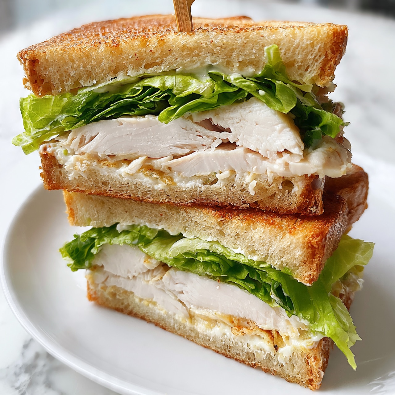 square image The image shows a sandwich cut into two stacked halves on a white plate, placed on a white marbled surface. Each sandwich has three layers of toasted bread that are golden brown with a slightly rough texture. Between the bread layers are thick slices of white turkey meat, a layer of green lettuce leaves that look fresh and crisp, and a creamy spread that adds a smooth texture. A wooden toothpick holds the sandwich together in the top half. Photo taken with an iphone --ar 4:5 --v 7